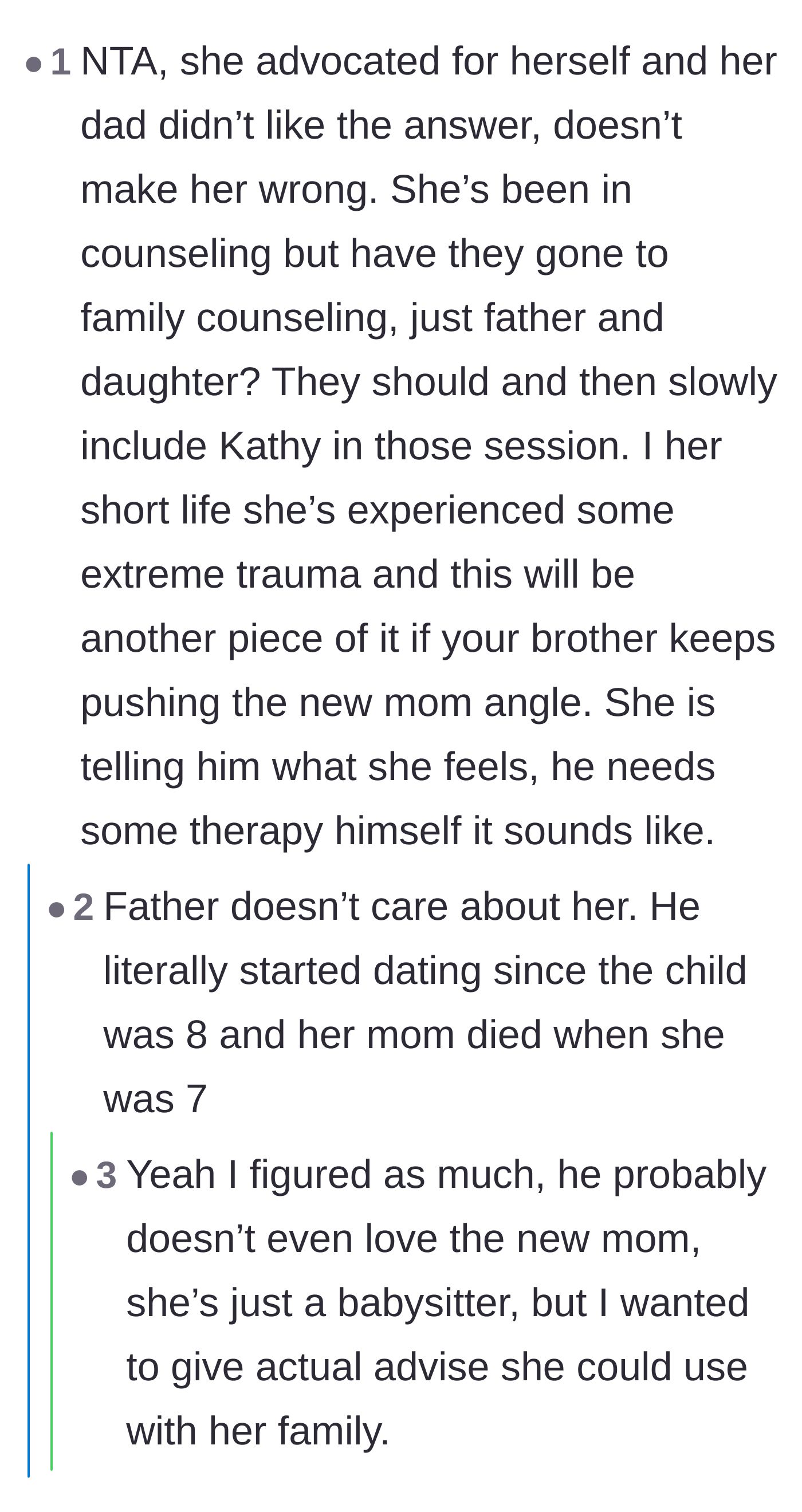 Comment thread 6 - Suggestions for professional family counseling and pointing out the father's incredibly fast timeline for moving on.