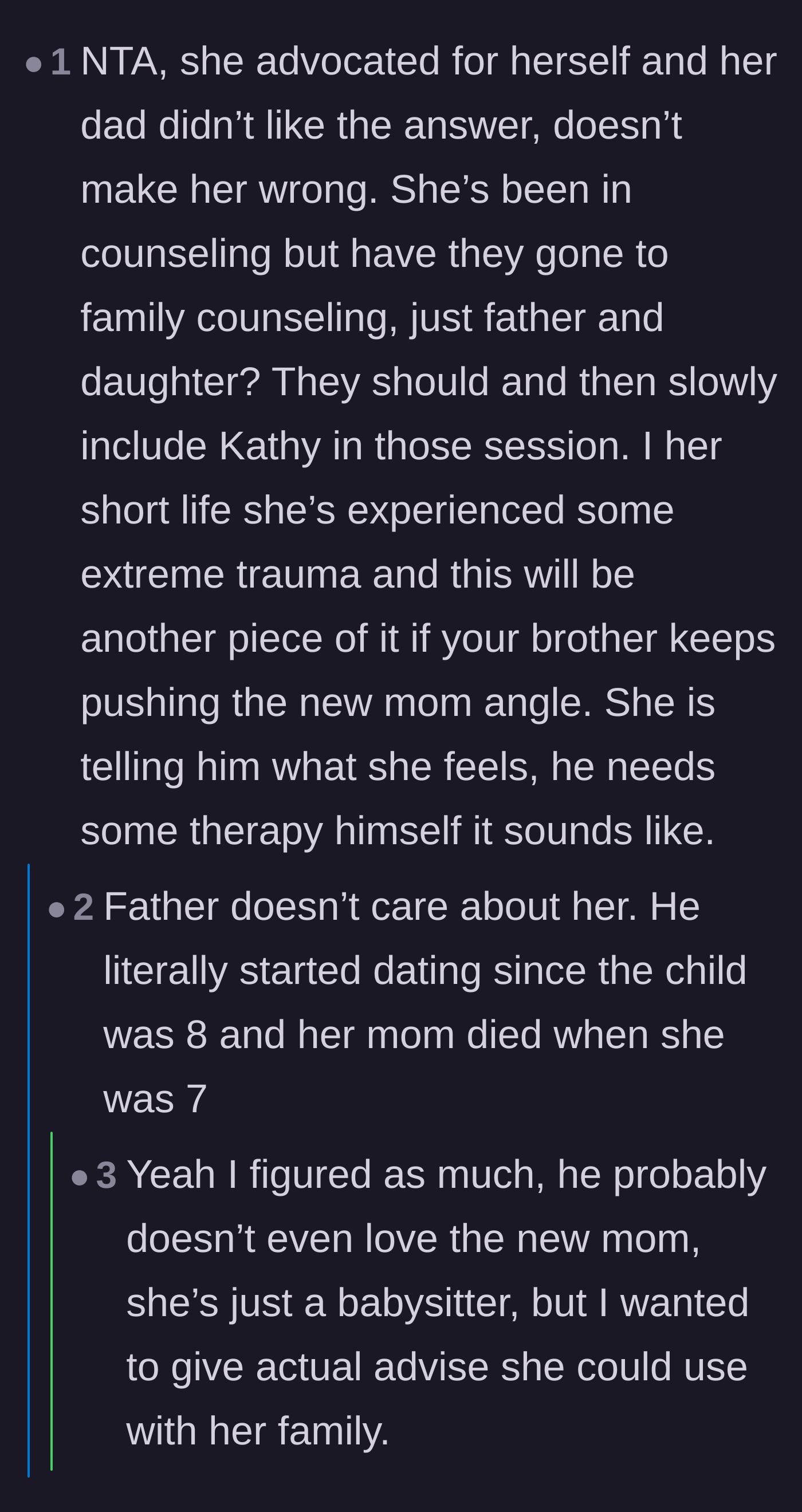 Comment thread 6 - Suggestions for professional family counseling and pointing out the father's incredibly fast timeline for moving on.