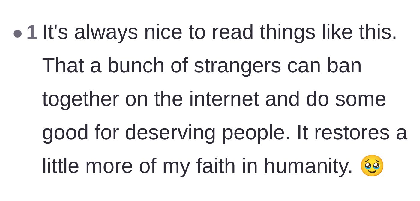 Comment thread 2 - A reader expressing how this crowdsourced intervention restored their faith in humanity.