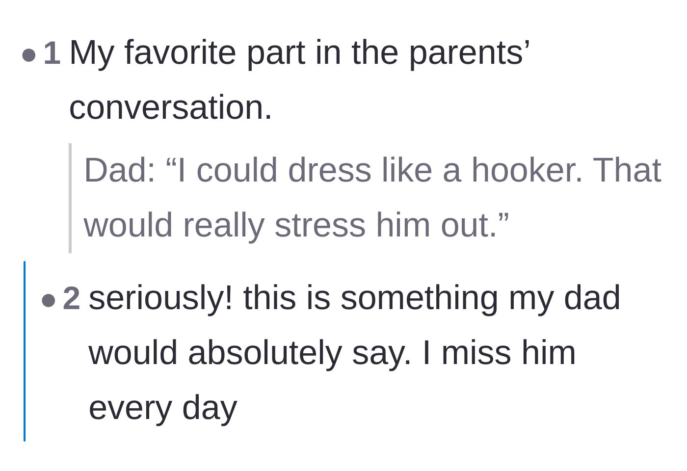 Comment thread 4 - Readers appreciating the father's absurd threat to dress inappropriately to stress out the ex.