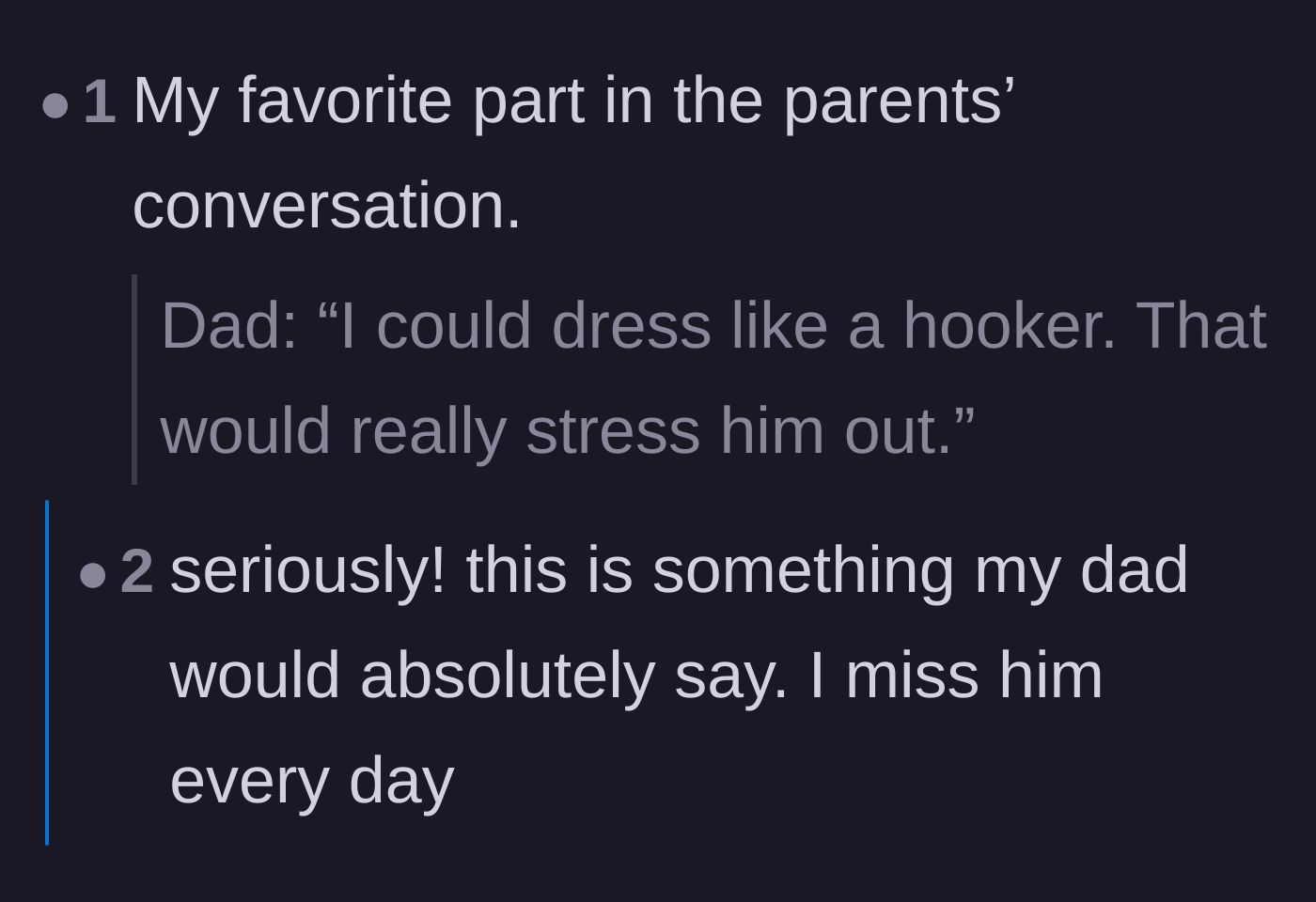 Comment thread 4 - Readers appreciating the father's absurd threat to dress inappropriately to stress out the ex.