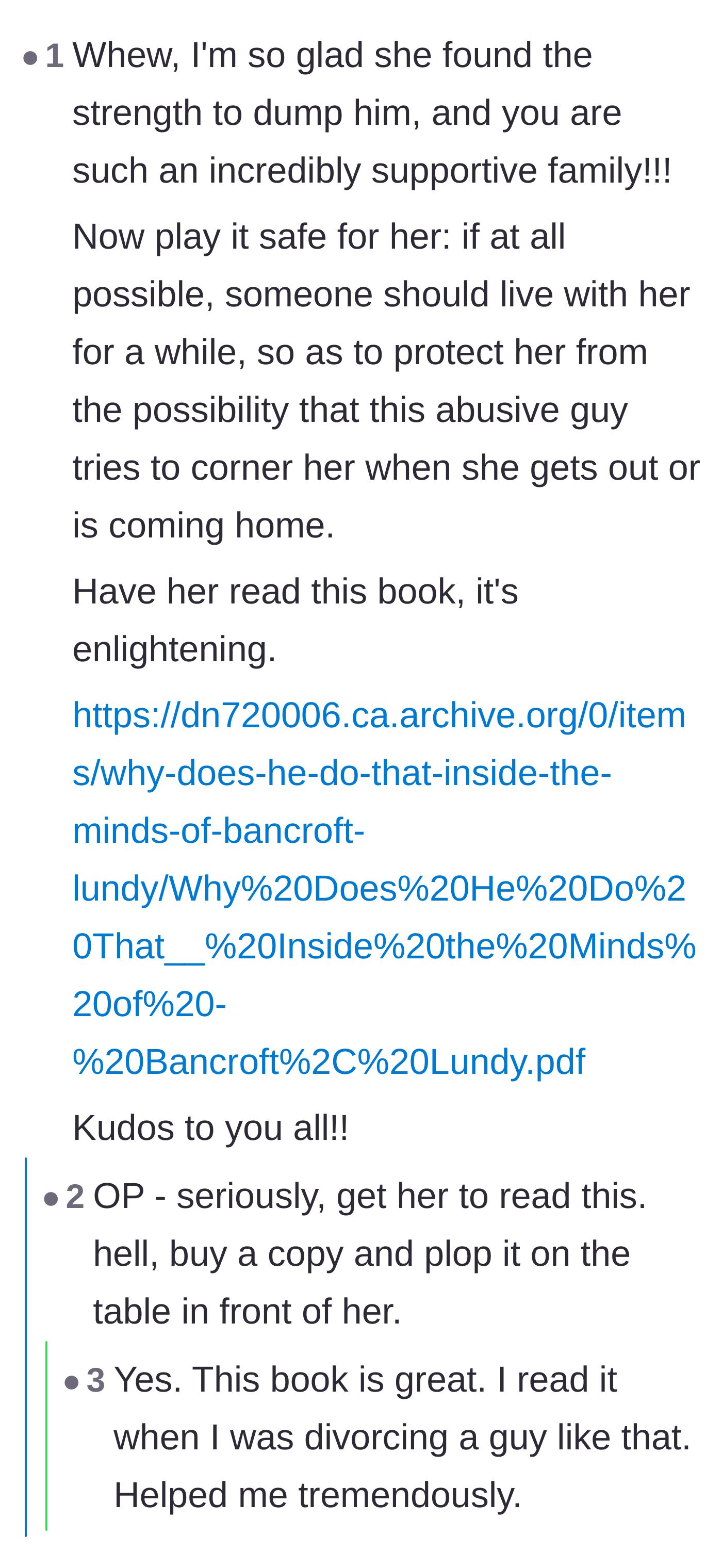 Comment thread 6 - Practical advice urging the family to implement a safety plan and read Lundy Bancroft's book on abuse.