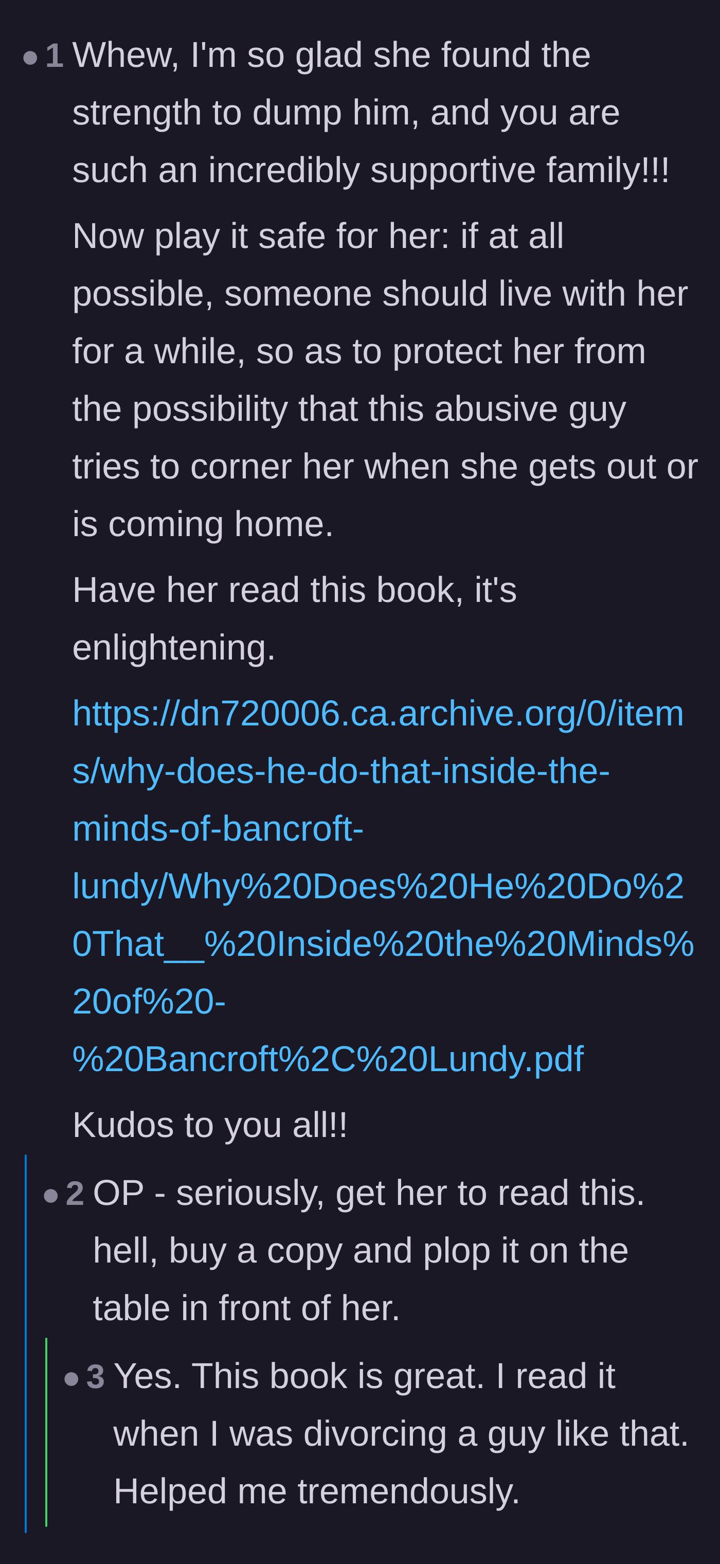 Comment thread 6 - Practical advice urging the family to implement a safety plan and read Lundy Bancroft's book on abuse.