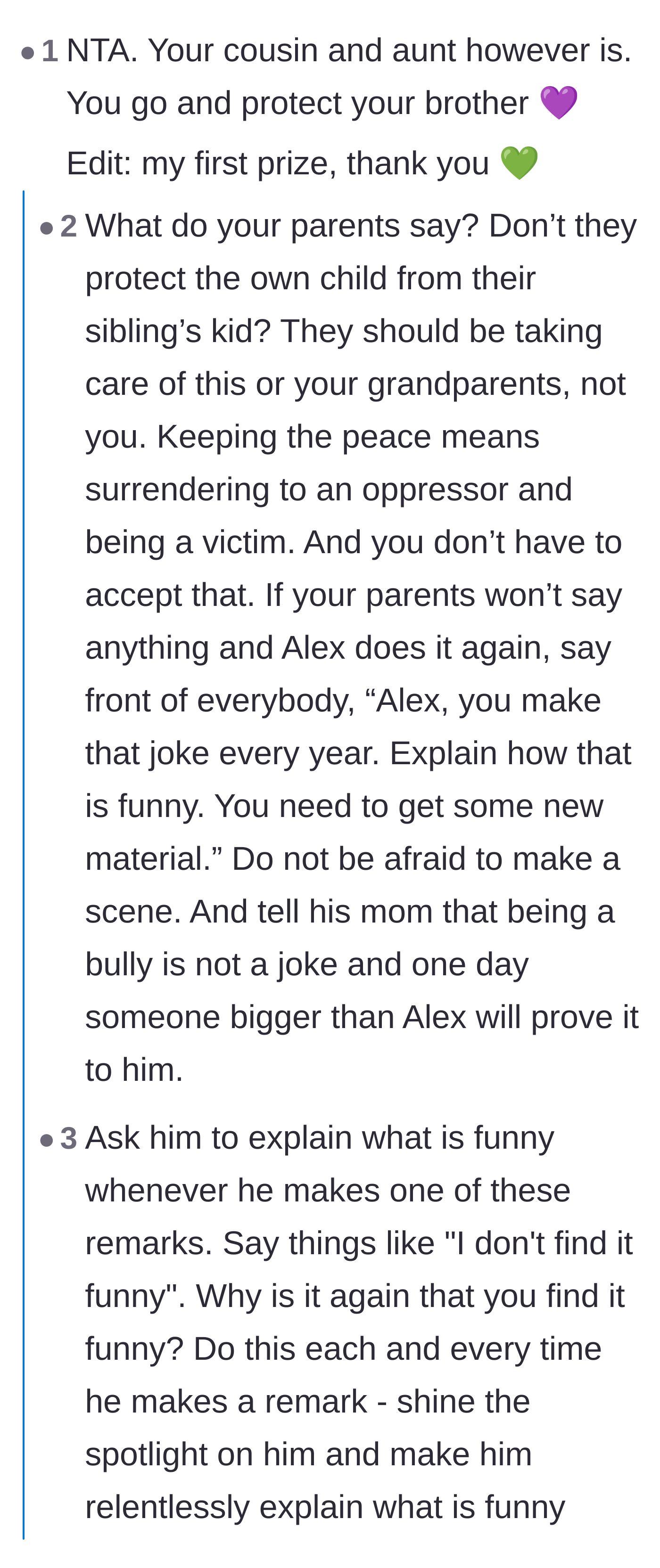Comment thread 1 - Advice on forcing the bully and the aunt to publicly explain why mocking a stutter is funny.