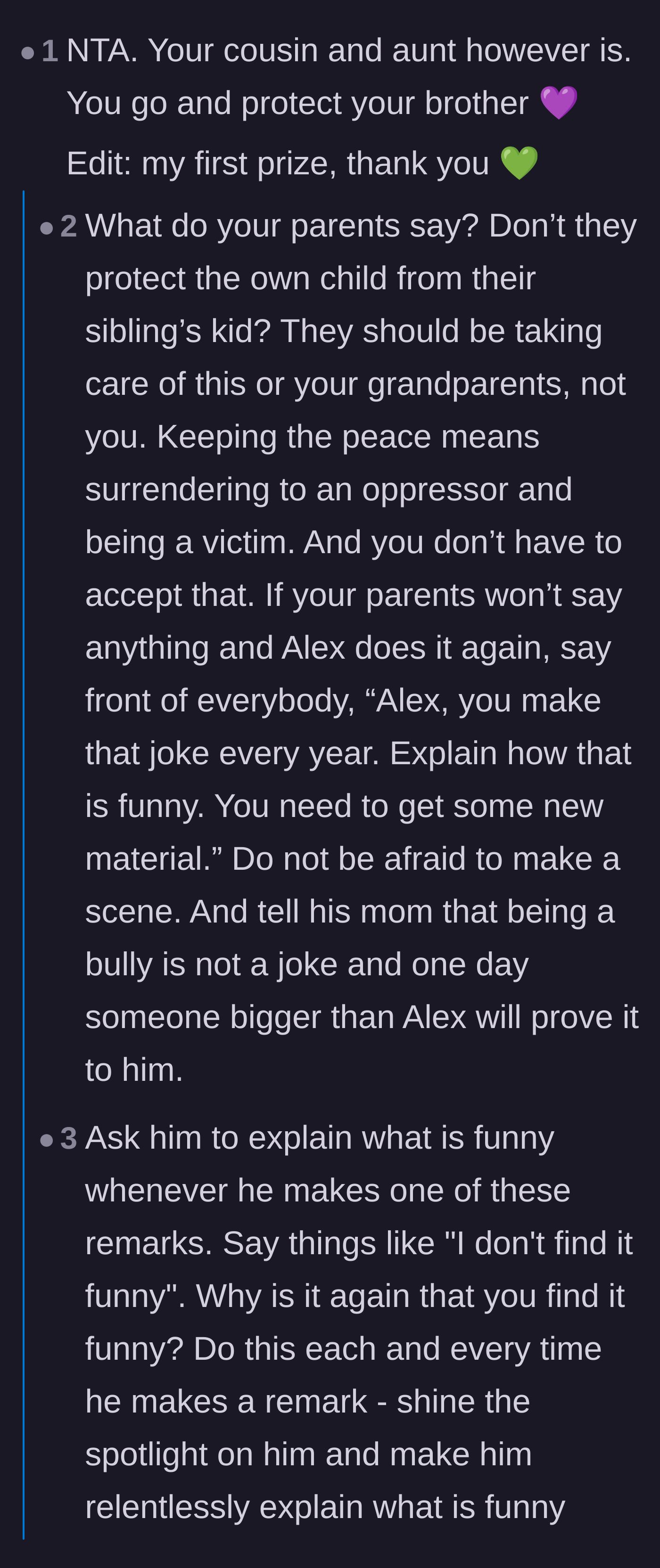 Comment thread 1 - Advice on forcing the bully and the aunt to publicly explain why mocking a stutter is funny.