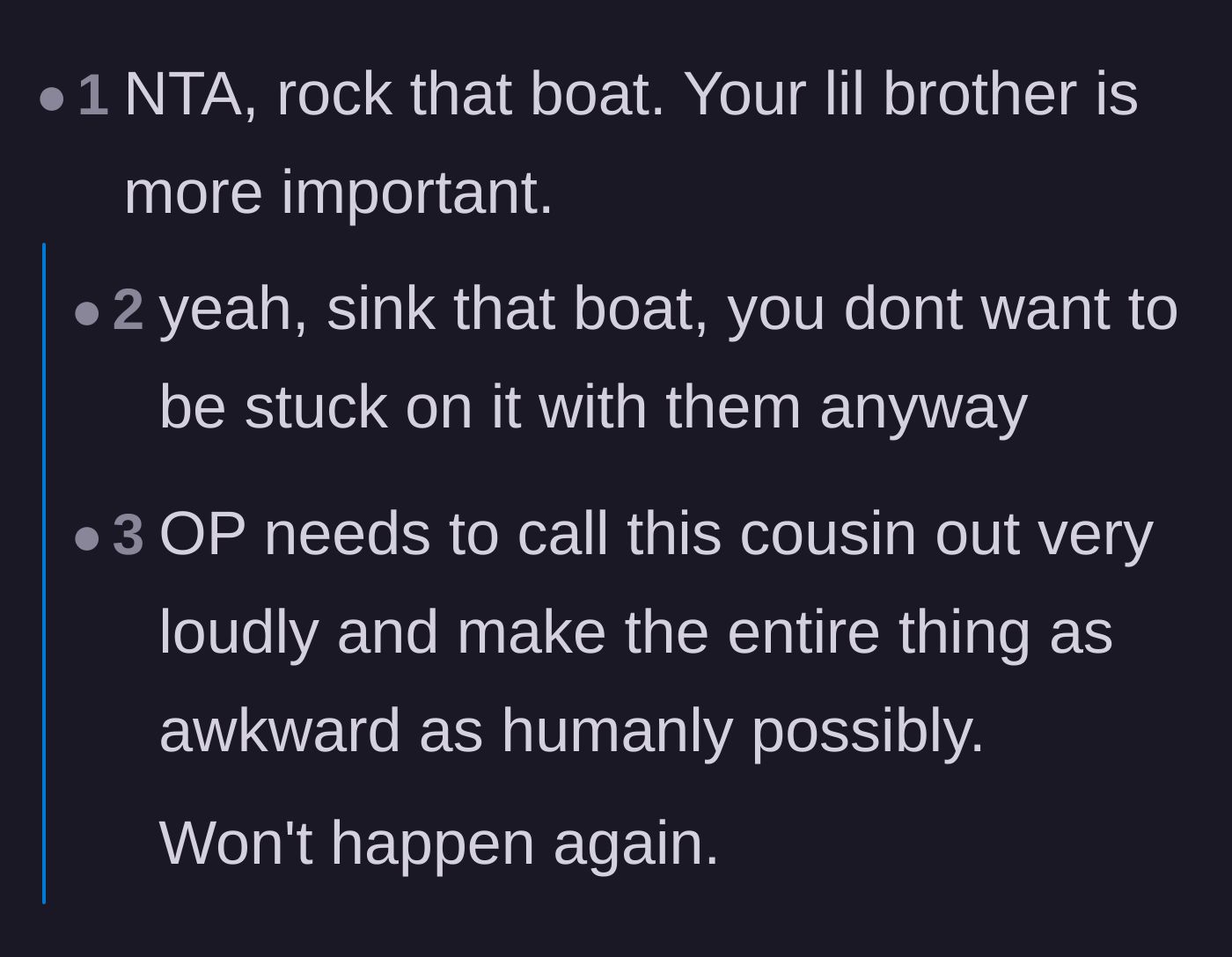Comment thread 2 - Encouragement to rock the boat and prioritize the little brother over family comfort.