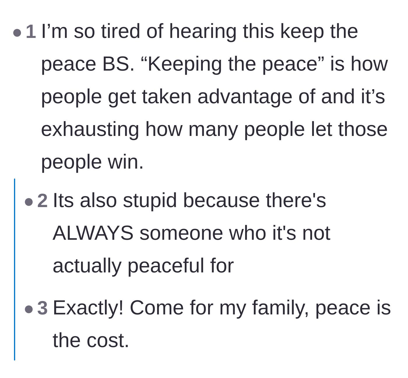 Comment thread 6 - Discussion on how keeping the peace only benefits the abuser and leaves the victim suffering.