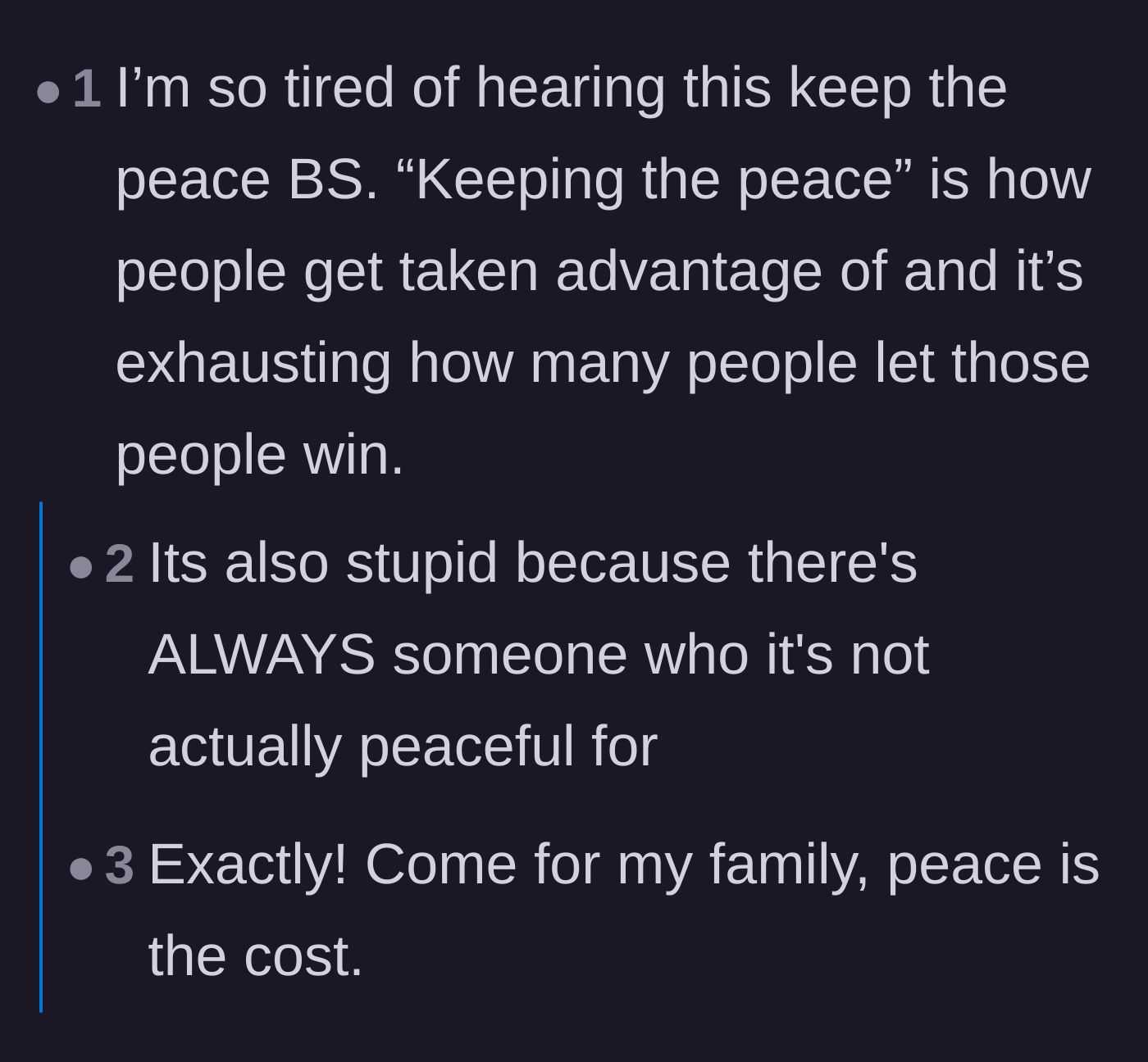 Comment thread 6 - Discussion on how keeping the peace only benefits the abuser and leaves the victim suffering.