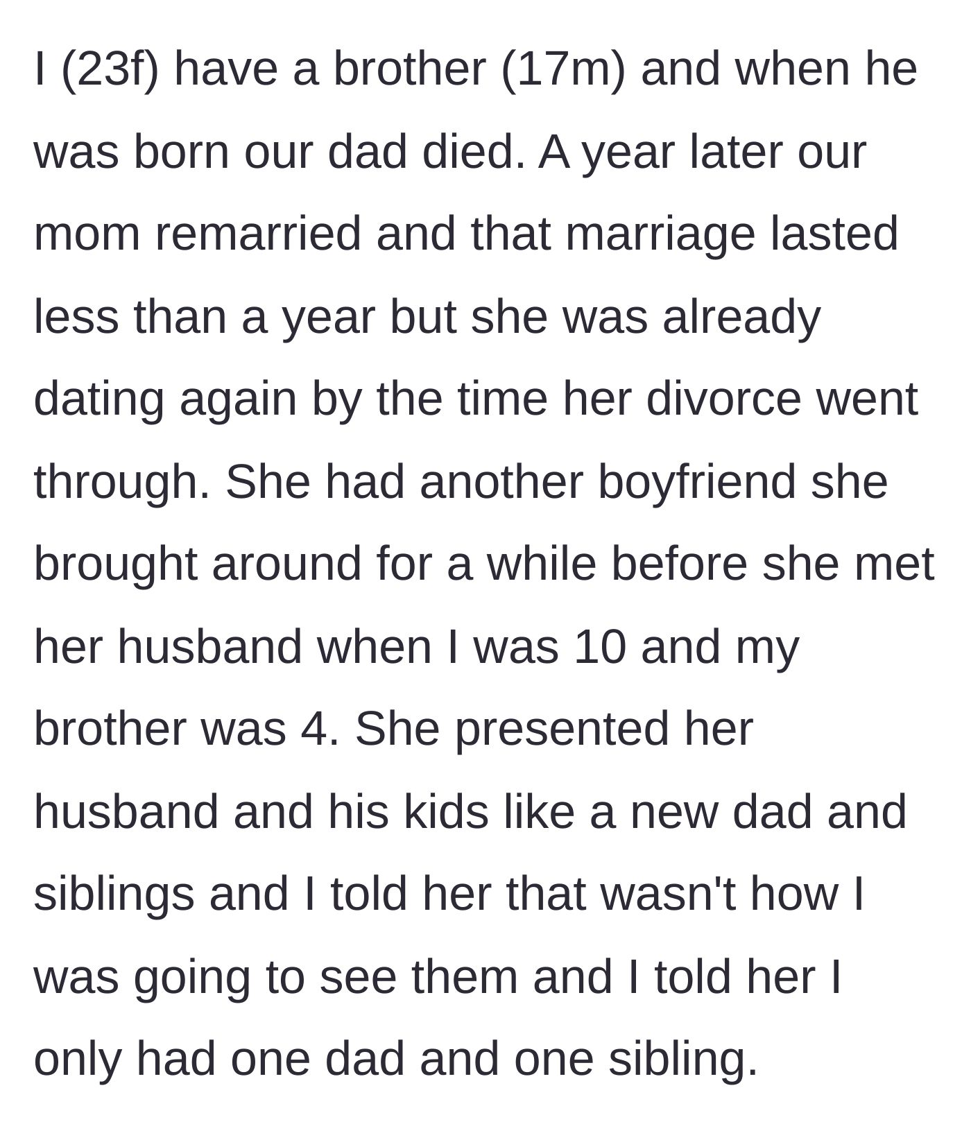 Story part 1 - Background on the main character's father passing away and her mother's history of quickly introducing new men as replacement fathers.