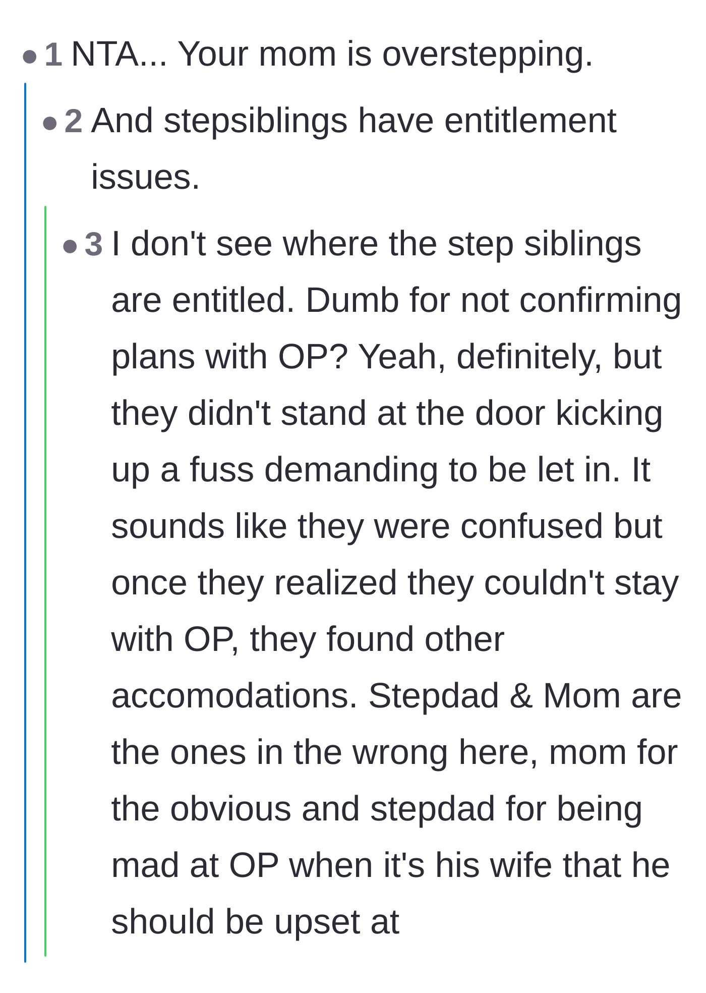 Comment thread 3 - Users debating whether the stepsiblings are acting entitled or are just gullible victims of the mother's manipulation.
