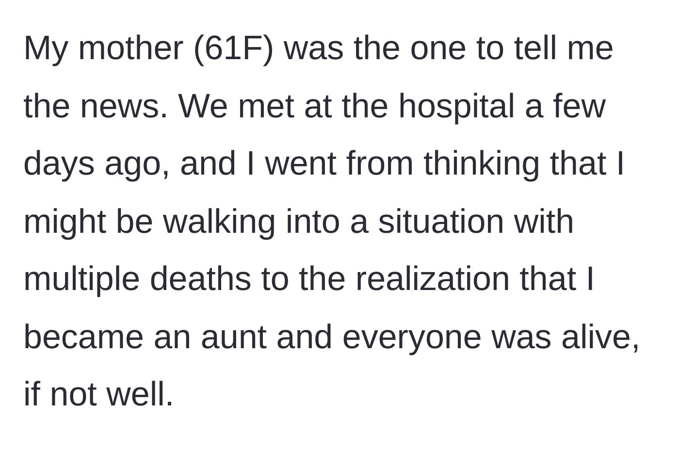 Story part 2 - Two women meeting in a hospital waiting room looking incredibly relieved.