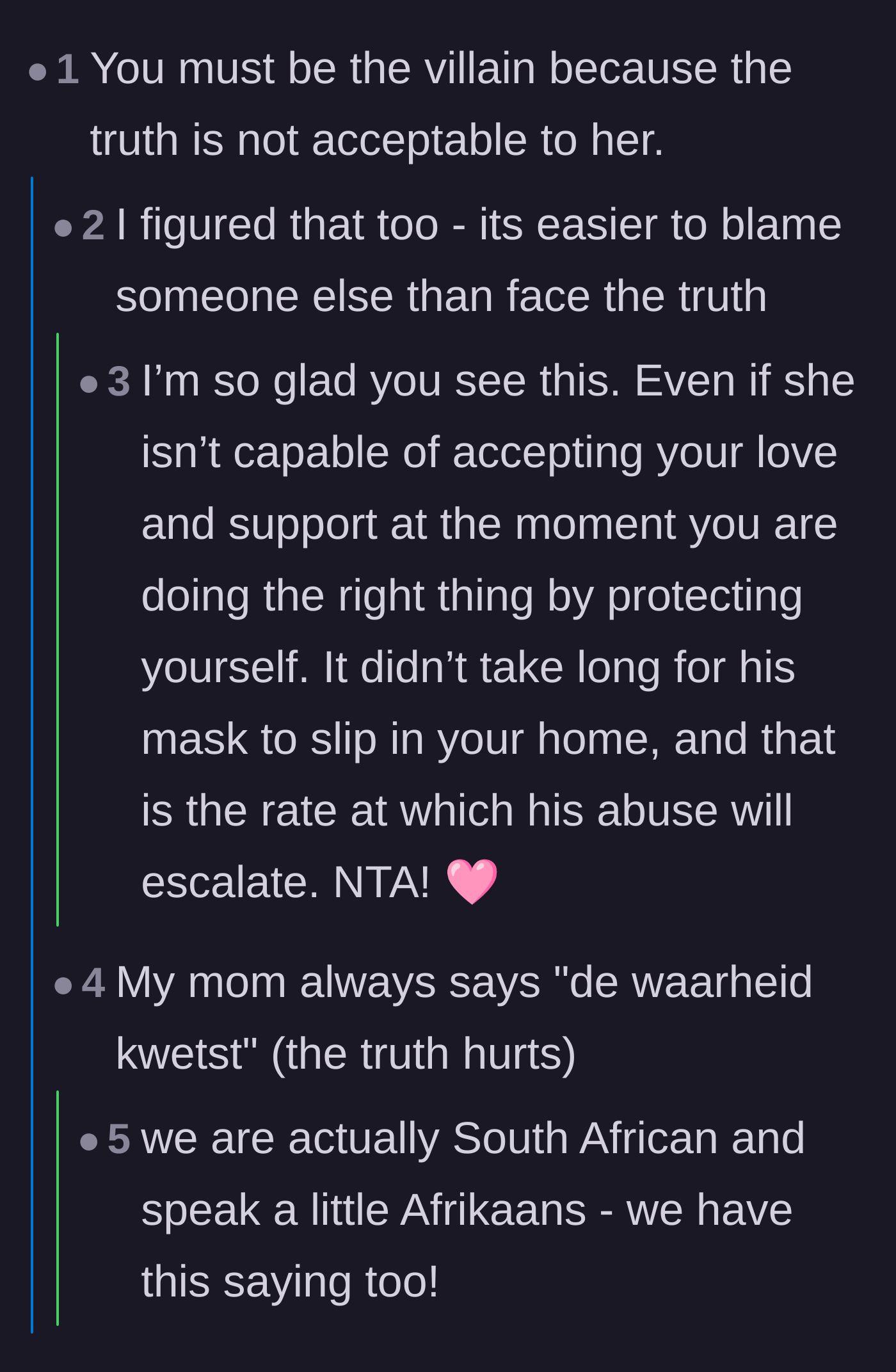 Comment thread 3 - Thread about how it is easier for the sister to blame the narrator than to face the truth about her husband.