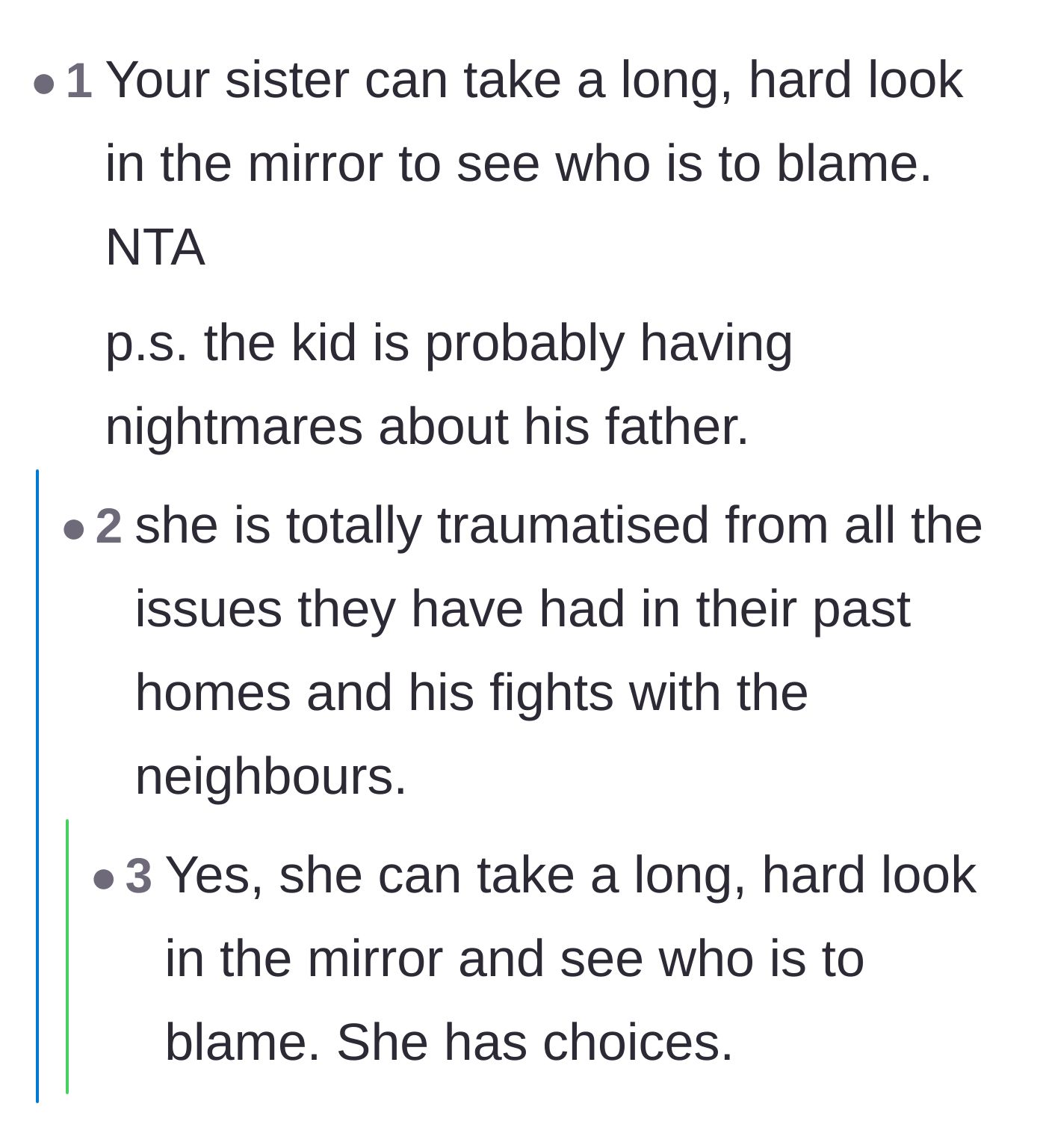Comment thread 5 - Pointing out that the nieces are traumatized by their unstable living situation, not by YouTube videos.