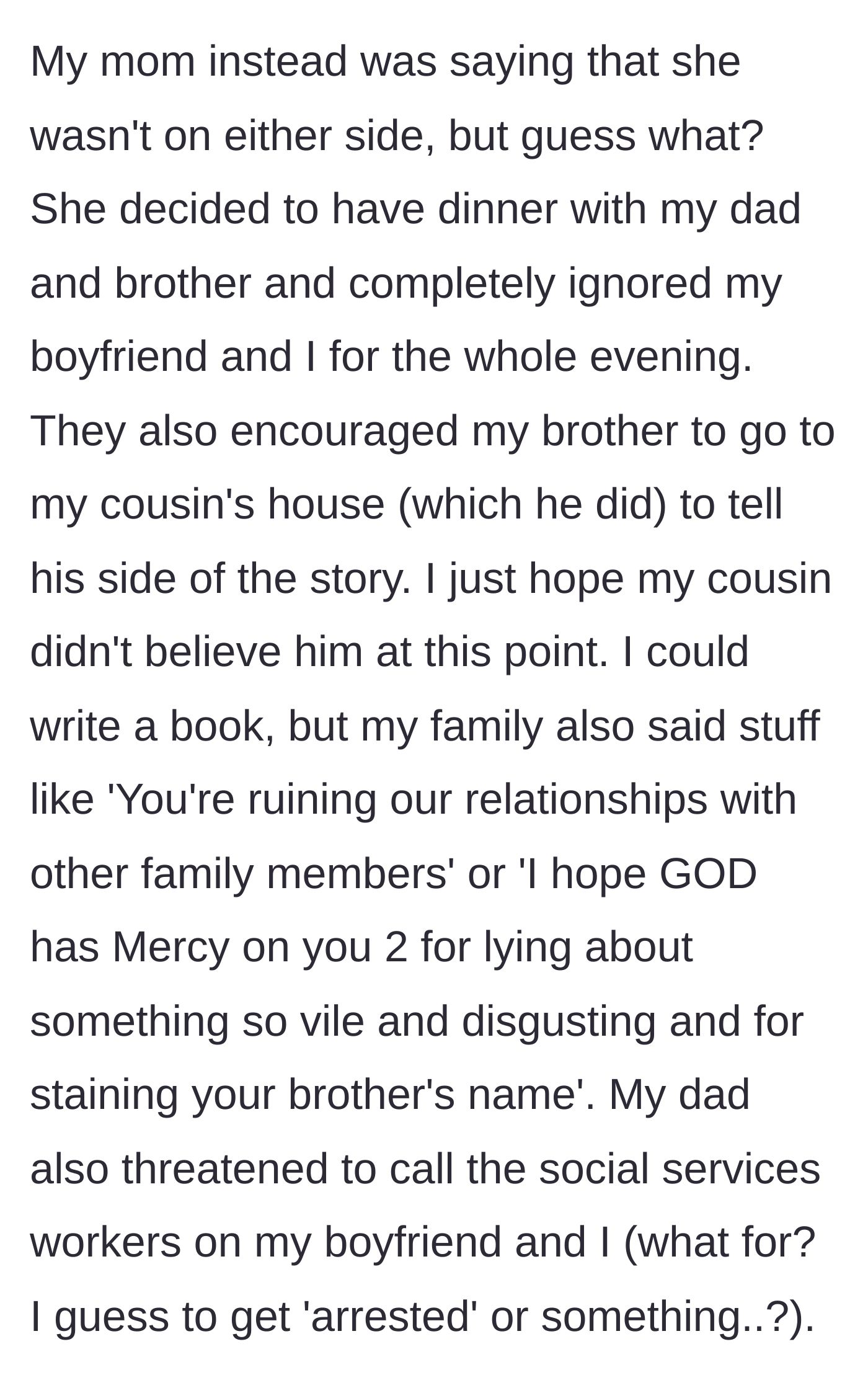 Story part 7 - The mother pretends to be neutral while icing out the author, and the family uses guilt and bizarre threats to attack the couple.