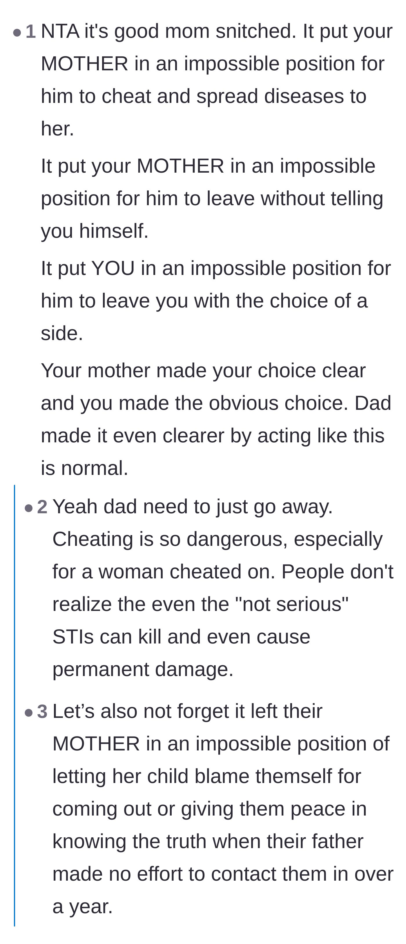 Comment thread 1 - Discussing the emotional and physical dangers of the father's infidelity