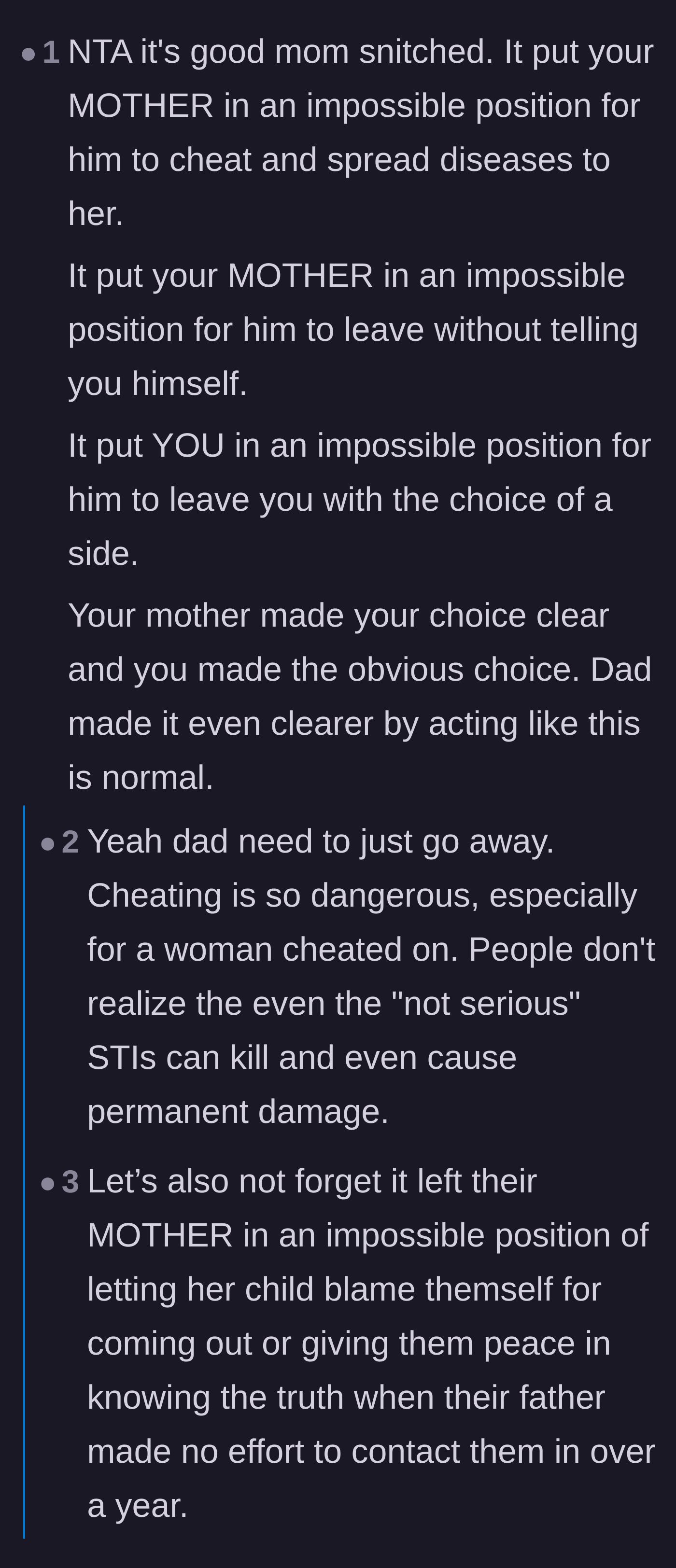 Comment thread 1 - Discussing the emotional and physical dangers of the father's infidelity