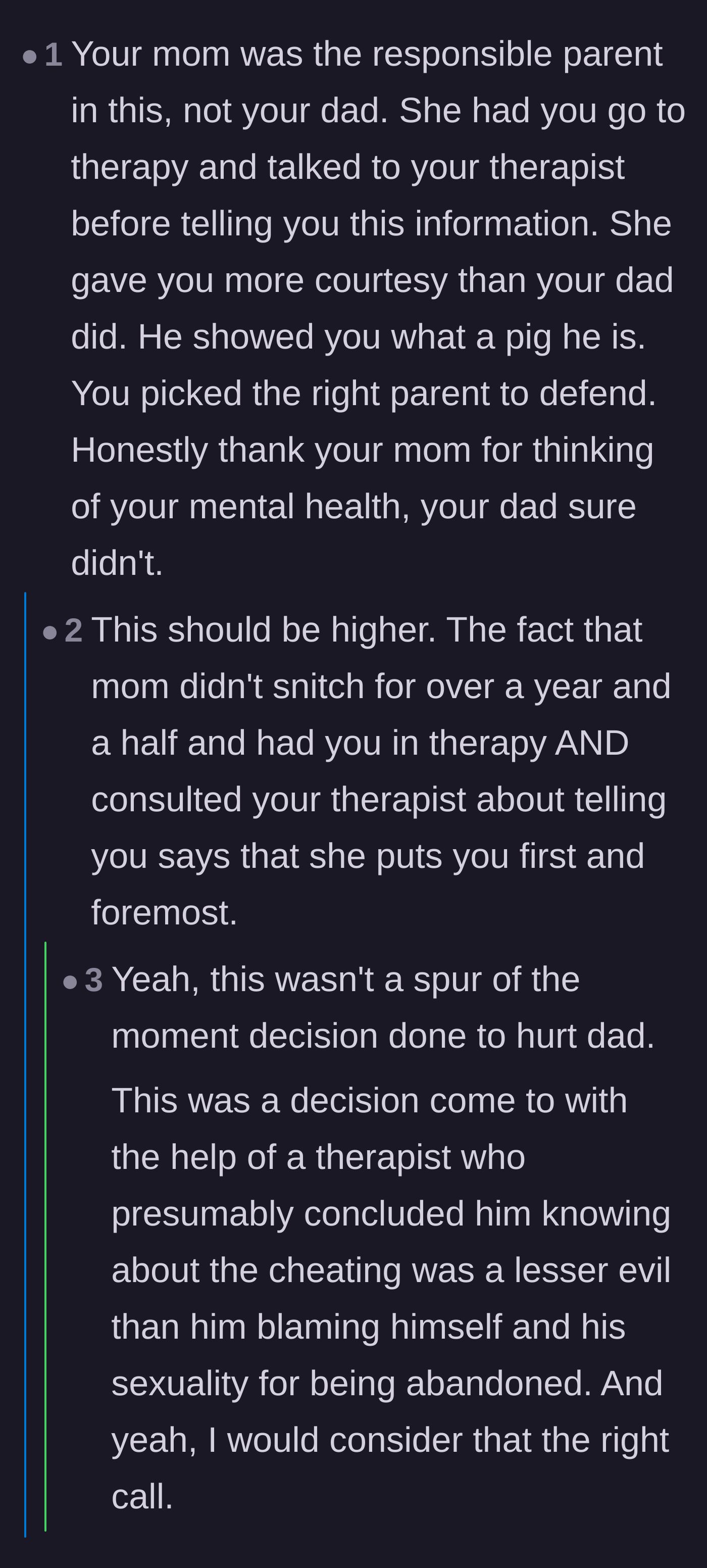 Comment thread 2 - Praising the mother for prioritizing her child's mental health with therapy