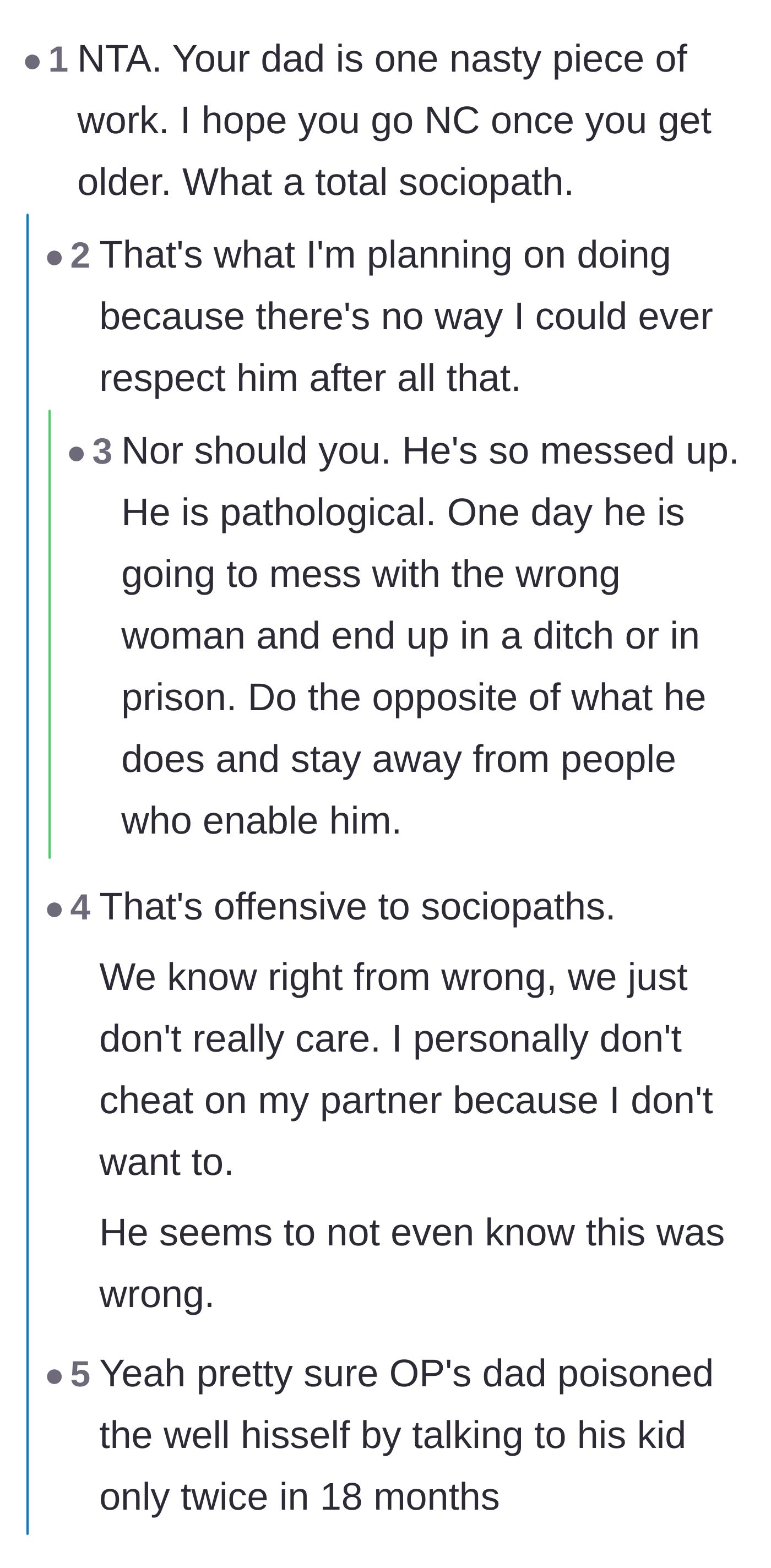 Comment thread 3 - Debating whether the father's behavior points to a personality disorder or pure selfishness