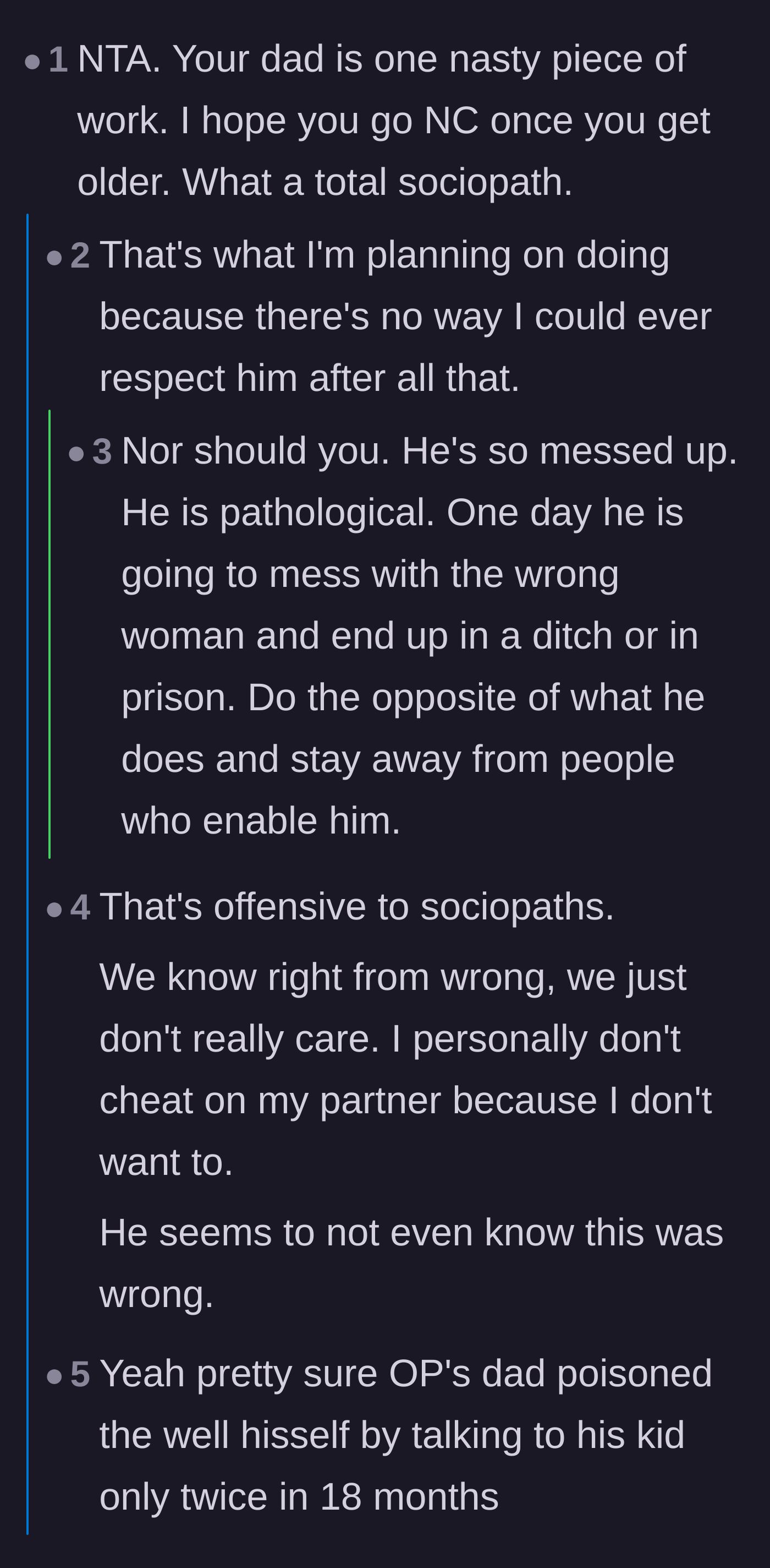 Comment thread 3 - Debating whether the father's behavior points to a personality disorder or pure selfishness