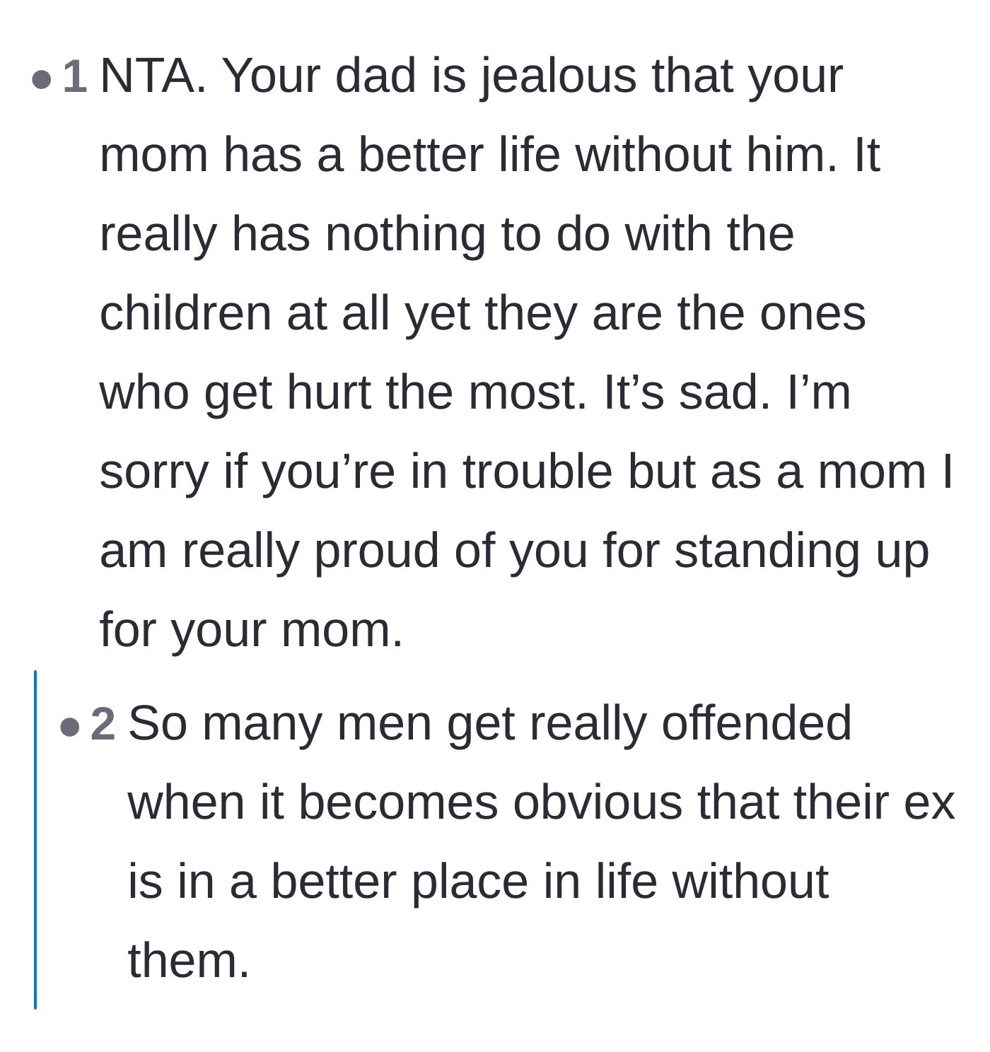 Comment thread 5 - Commentary praising the teenager for defending his mother against his father's transparent jealousy.