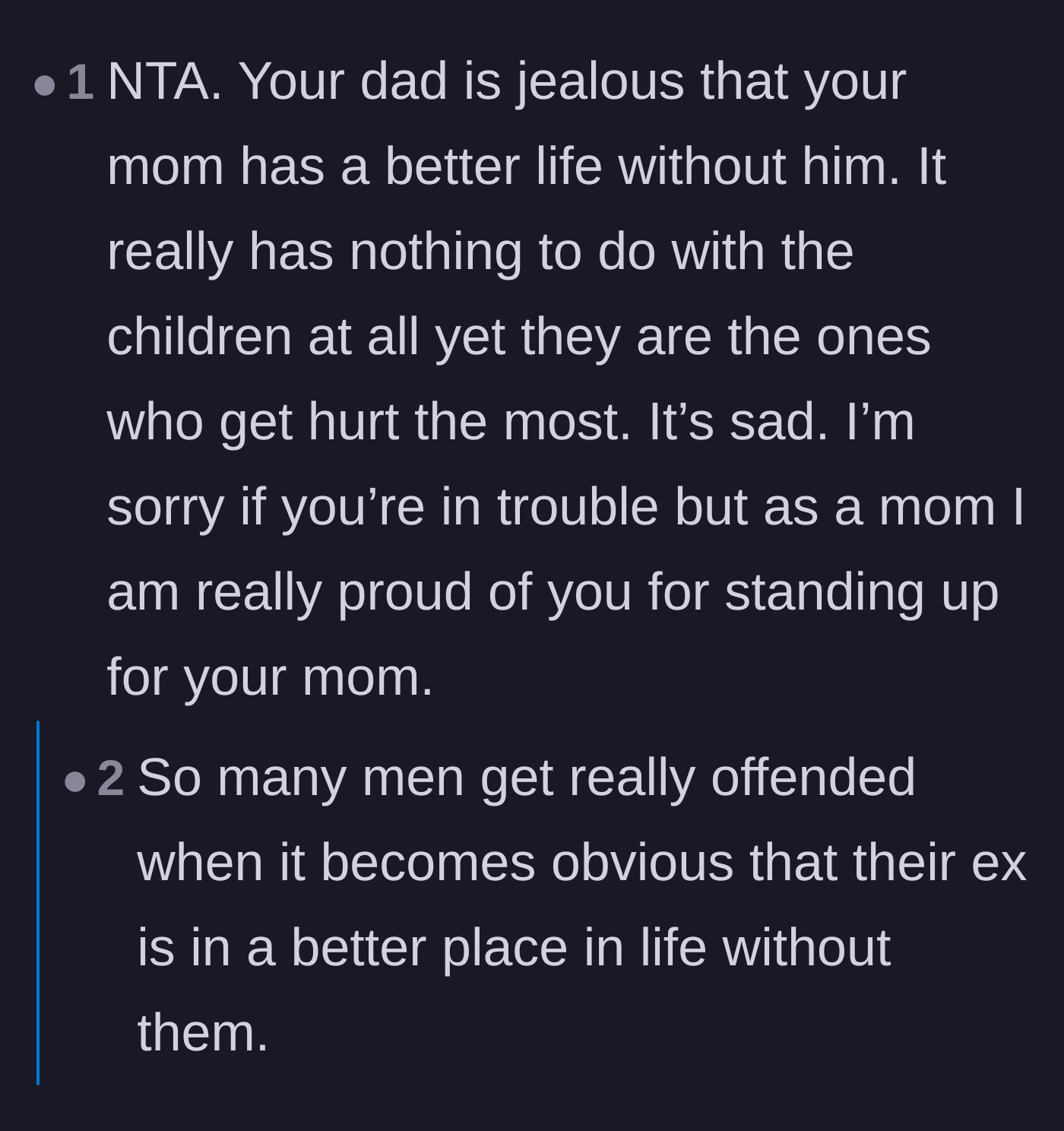 Comment thread 5 - Commentary praising the teenager for defending his mother against his father's transparent jealousy.