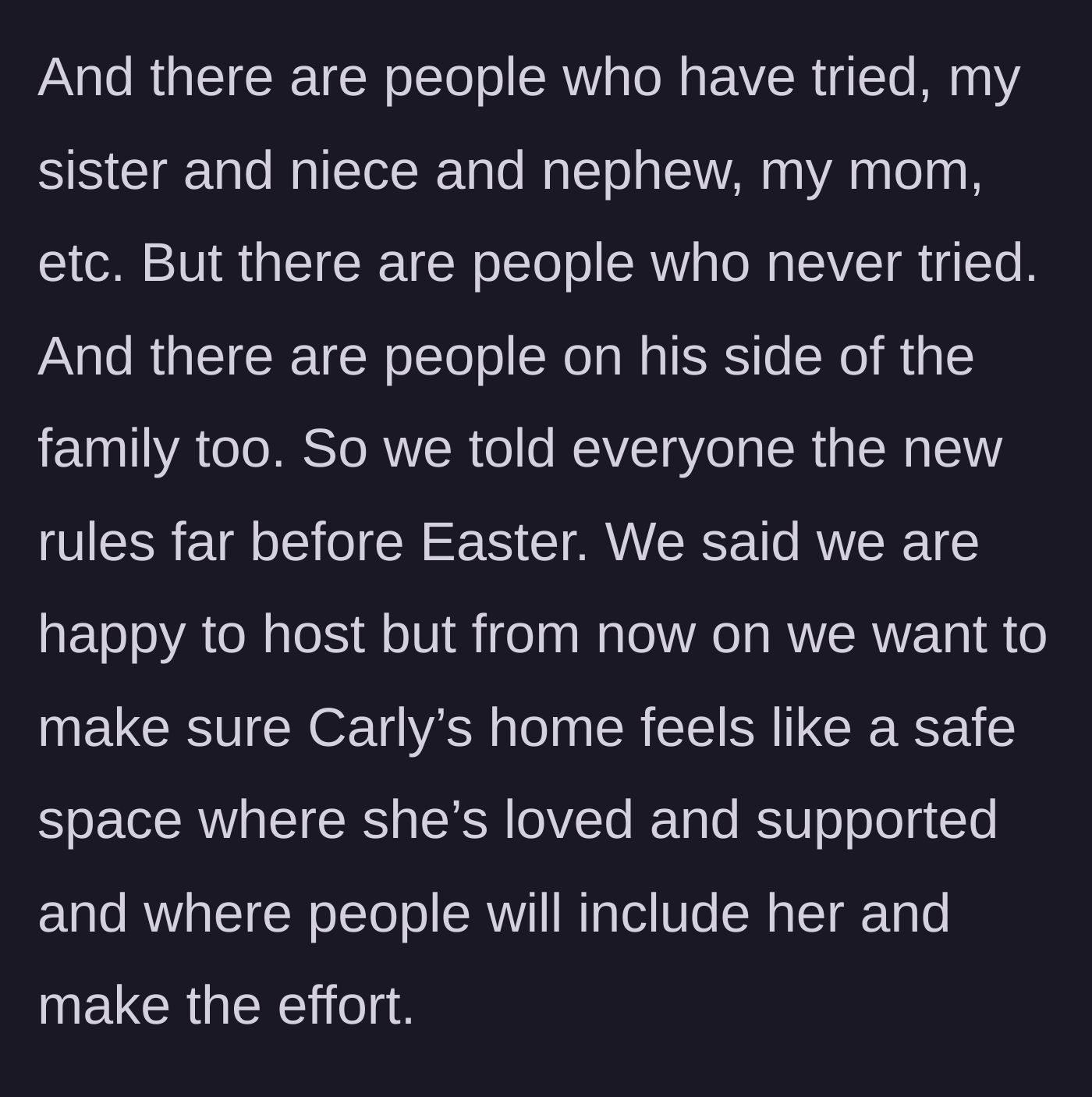 Story part 3 - The parents send out the new boundaries to both sides of the family way ahead of the Easter holiday, establishing their home as a safe space.
