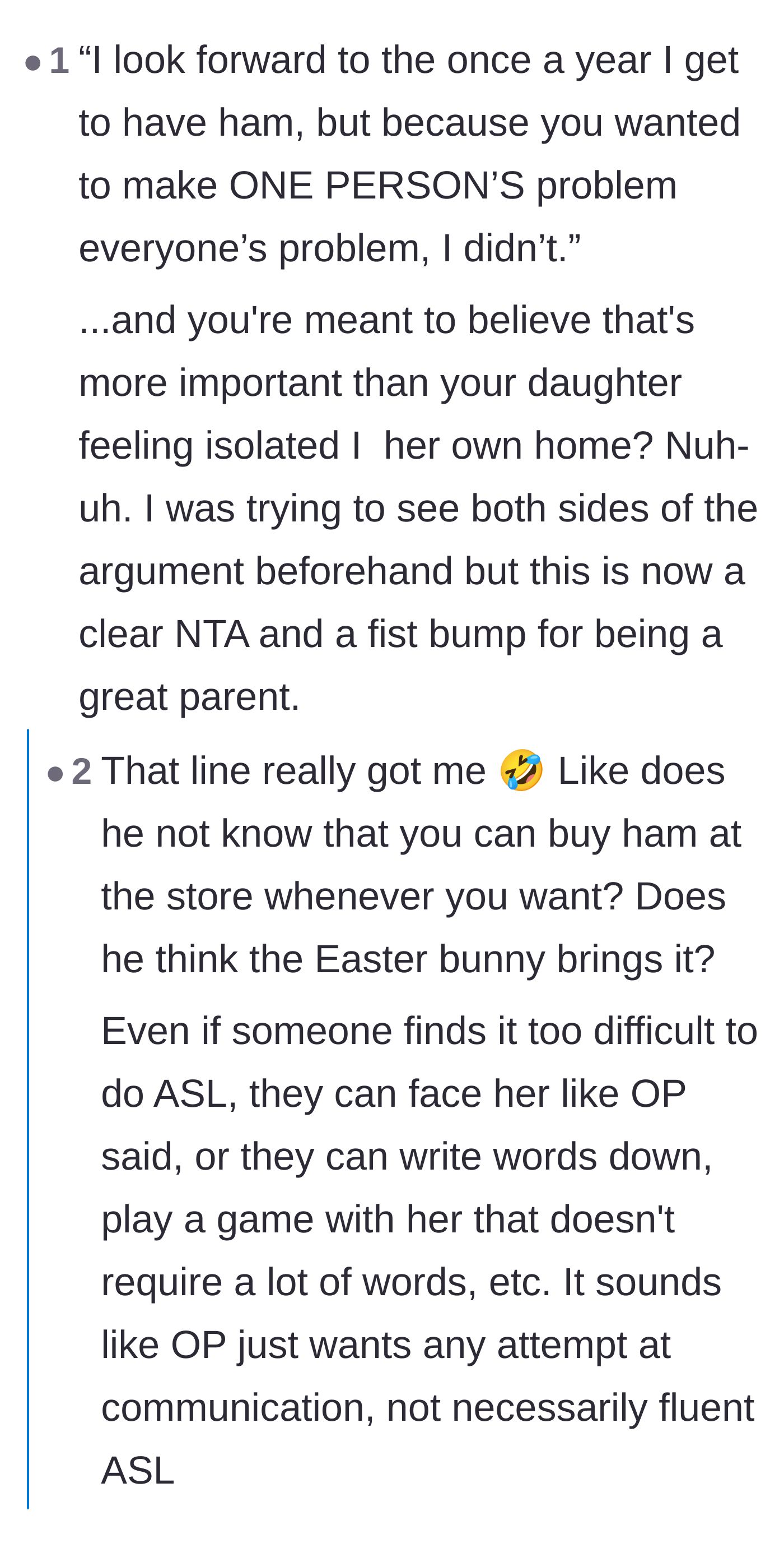 Comment thread 1 - Readers pointing out the absurdity of the uncle's ham obsession and how he fundamentally disrespects his niece.