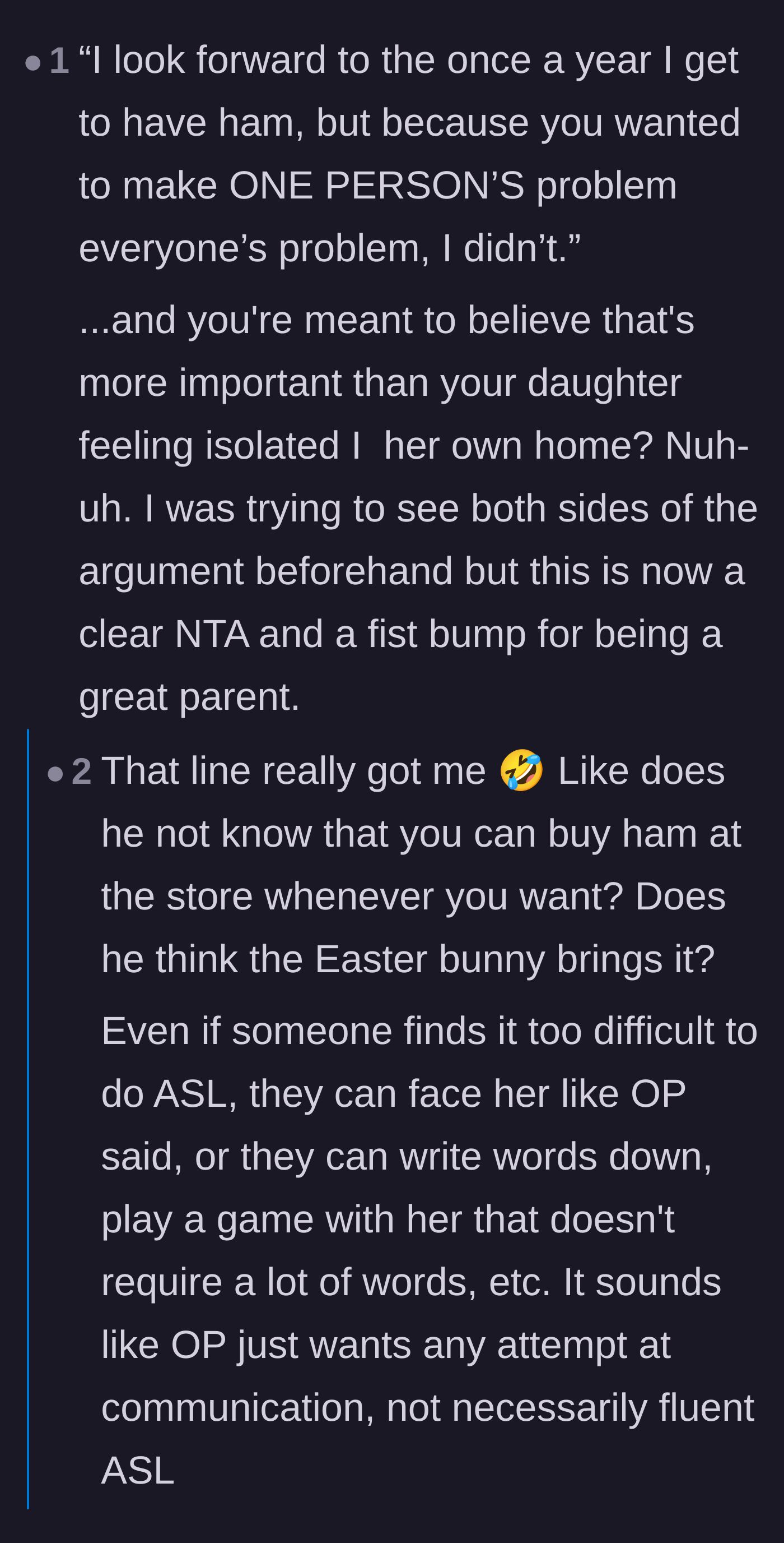 Comment thread 1 - Readers pointing out the absurdity of the uncle's ham obsession and how he fundamentally disrespects his niece.