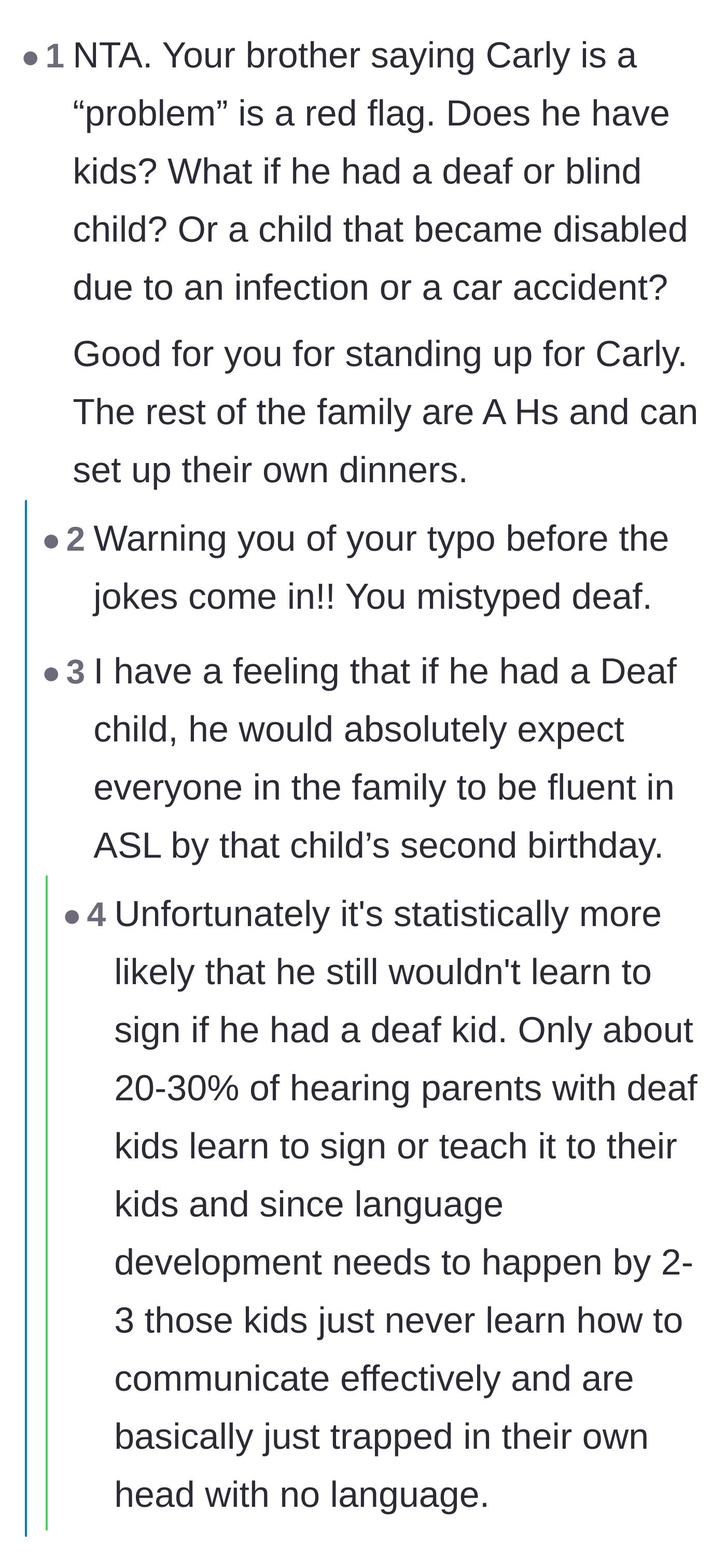 Comment thread 2 - A discussion on the brother calling deafness a problem and heartbreaking statistics about parents refusing to learn ASL.