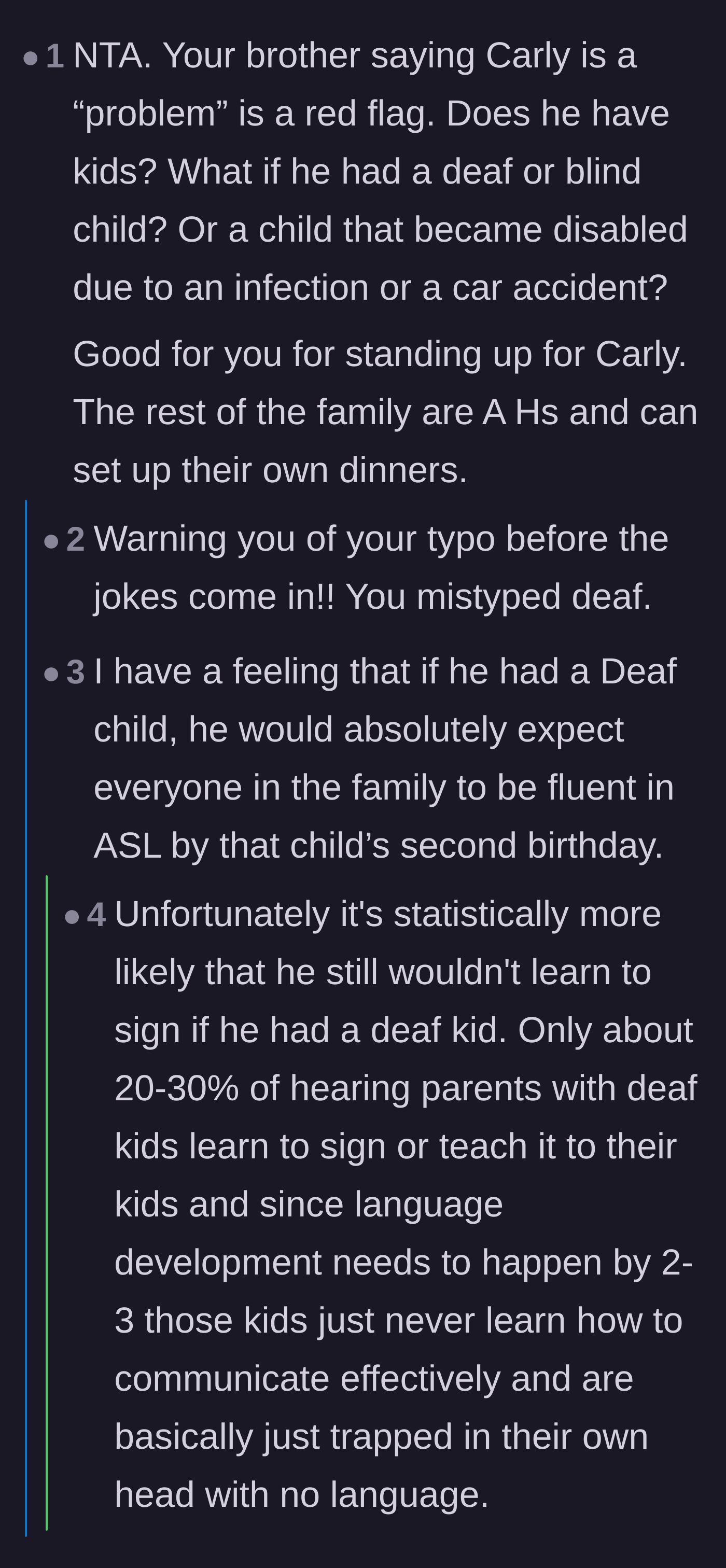Comment thread 2 - A discussion on the brother calling deafness a problem and heartbreaking statistics about parents refusing to learn ASL.