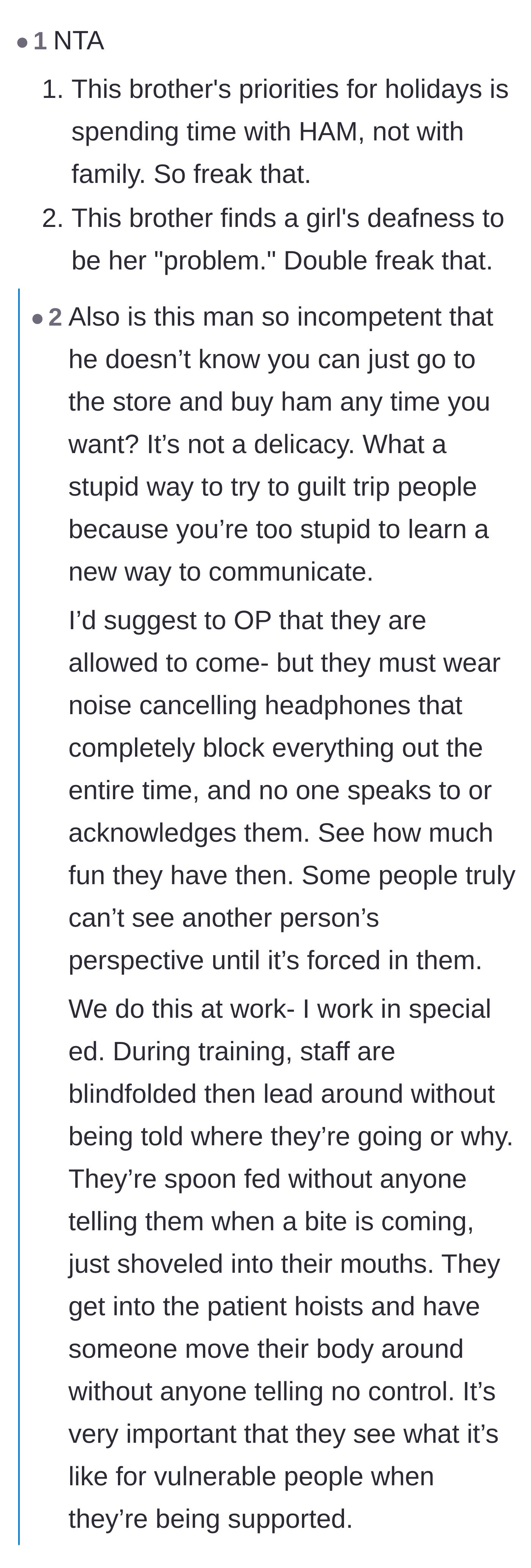 Comment thread 3 - Suggesting the ableist relatives be forced to wear noise-canceling headphones to understand isolation.