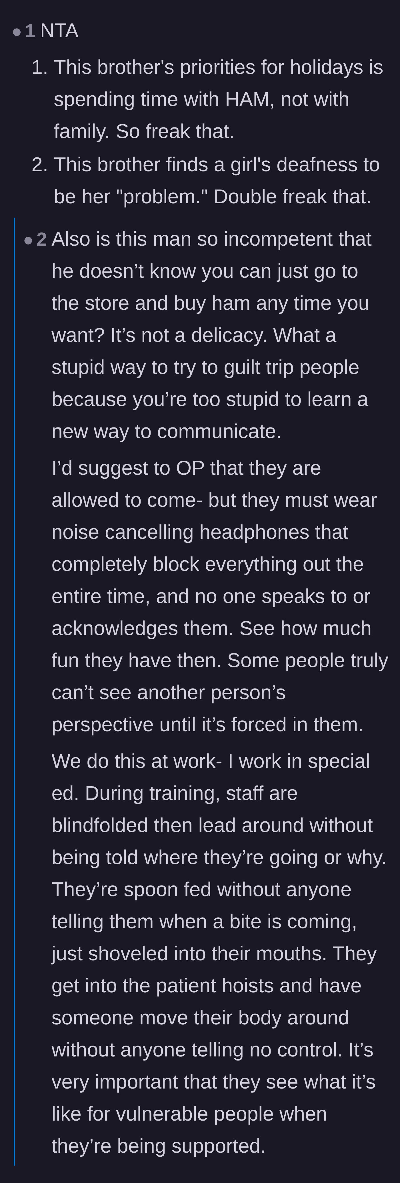 Comment thread 3 - Suggesting the ableist relatives be forced to wear noise-canceling headphones to understand isolation.