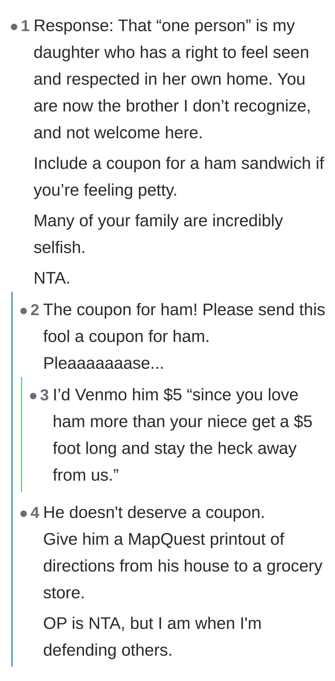 Comment thread 4 - Readers suggesting petty revenge ideas like sending the uncle a coupon for a ham sandwich.