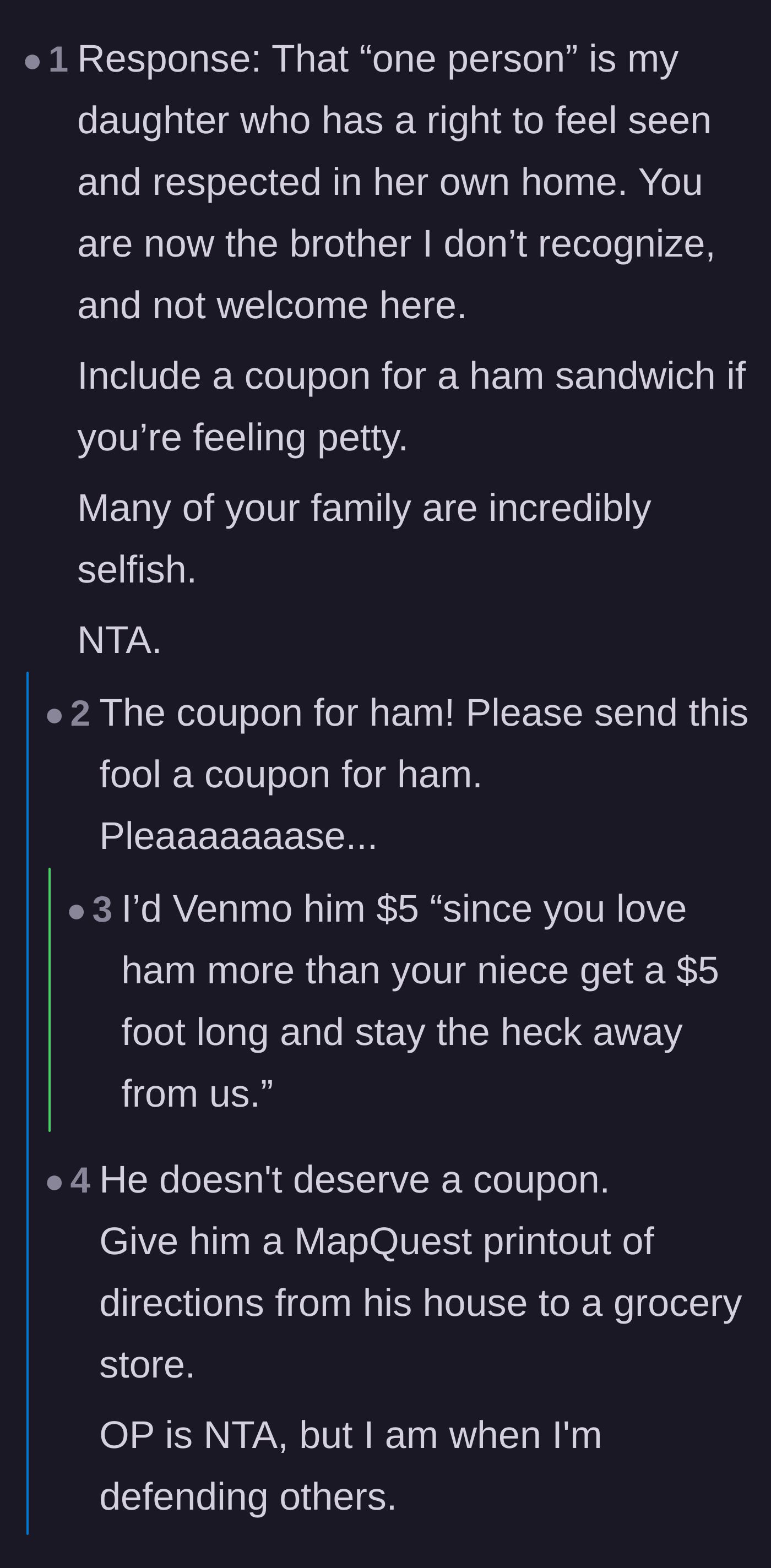 Comment thread 4 - Readers suggesting petty revenge ideas like sending the uncle a coupon for a ham sandwich.