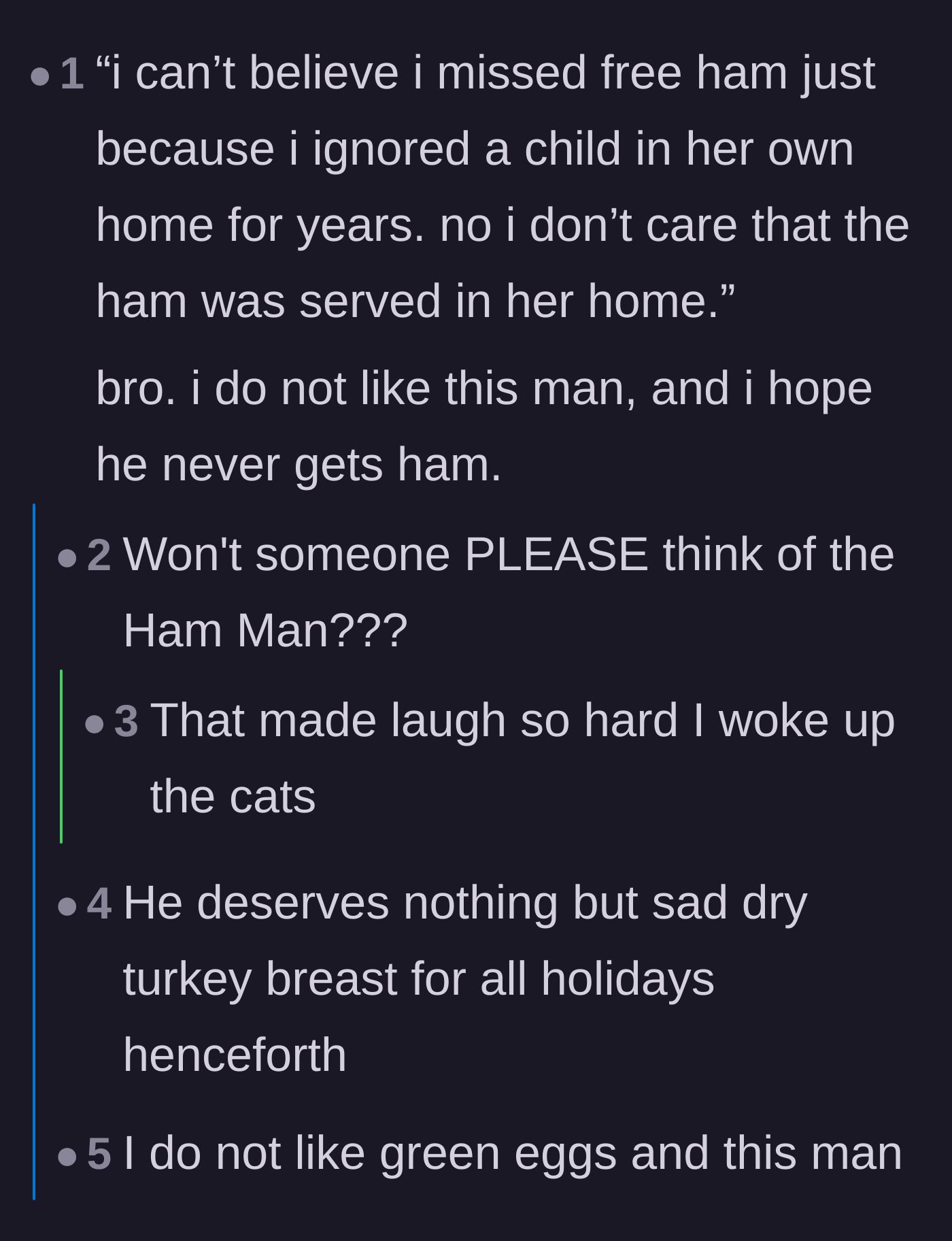 Comment thread 5 - Jokes mocking the uncle's obsession with ham and wishing him a lifetime of dry turkey.