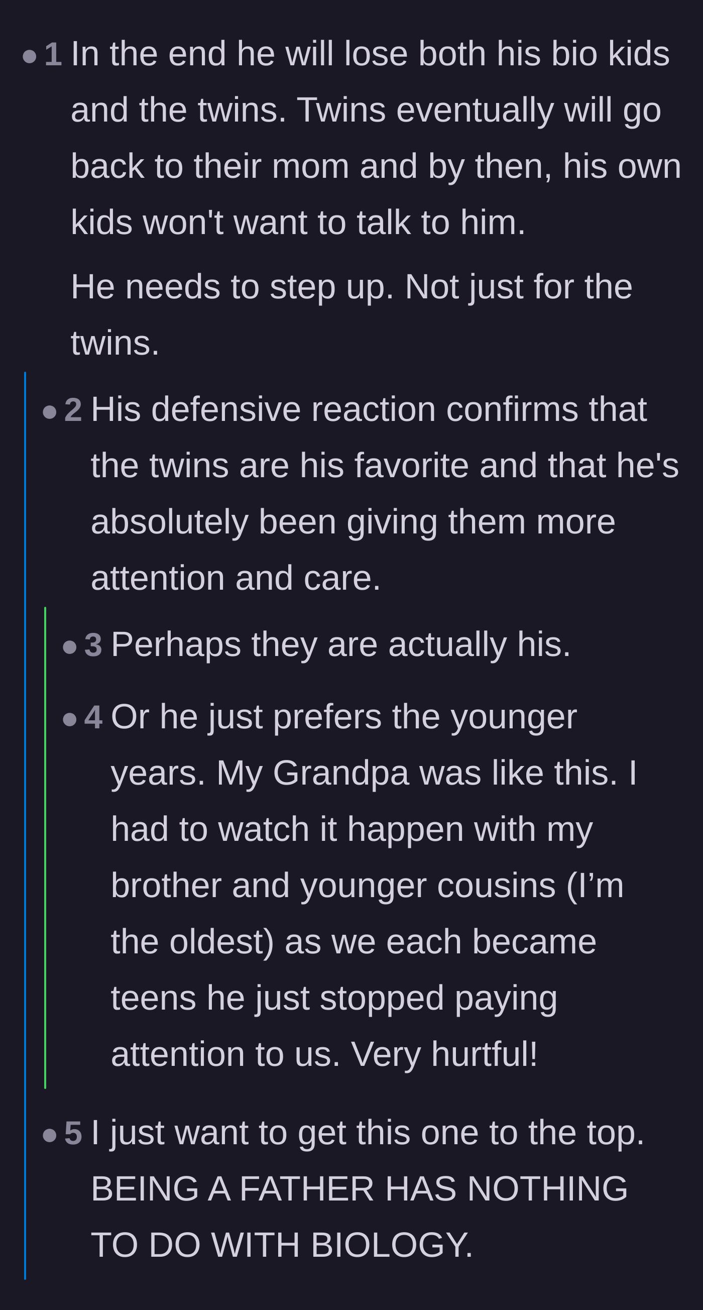 Comment thread 1 - Readers debate whether the father simply prefers younger children or if there's a darker secret hiding in the twins' parentage.