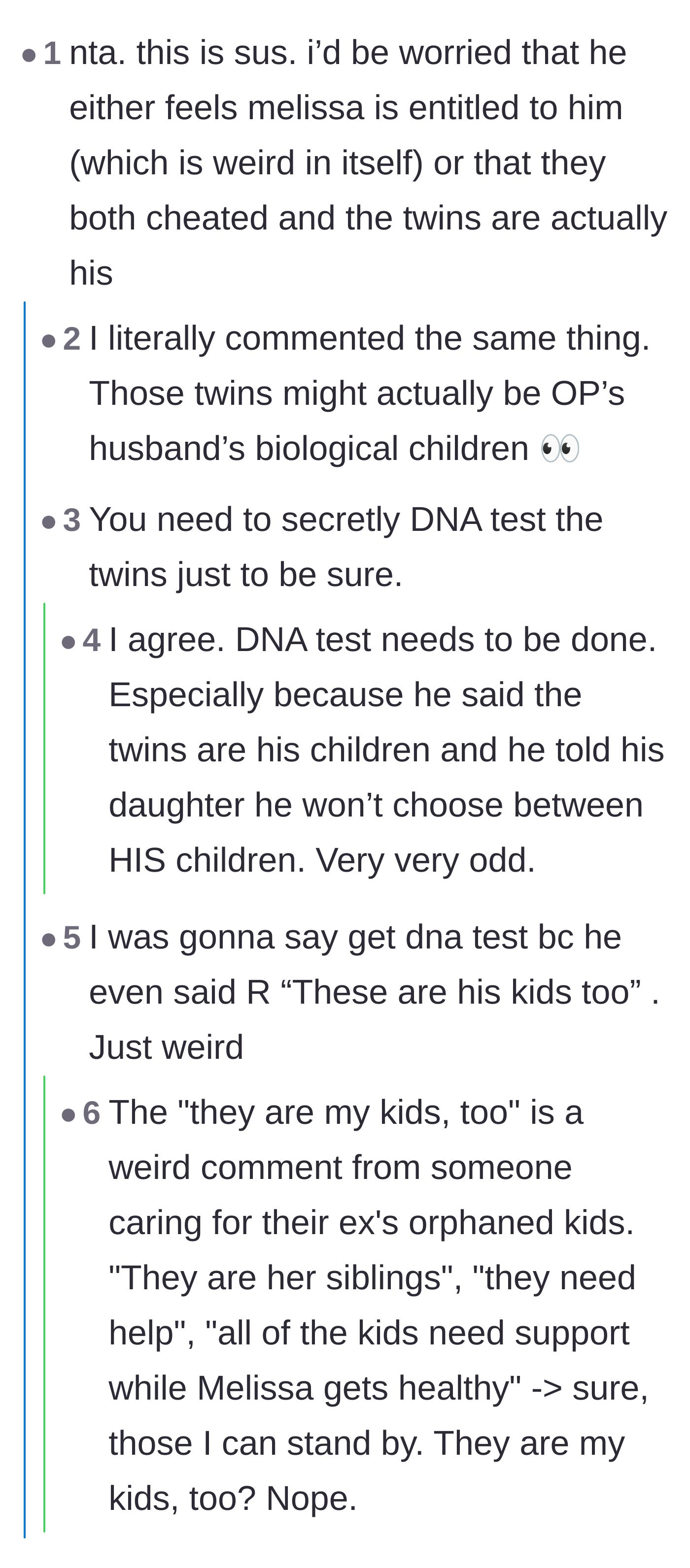 Comment thread 2 - Suspicions arise over the father's specific choice of words when claiming the twins as his own.