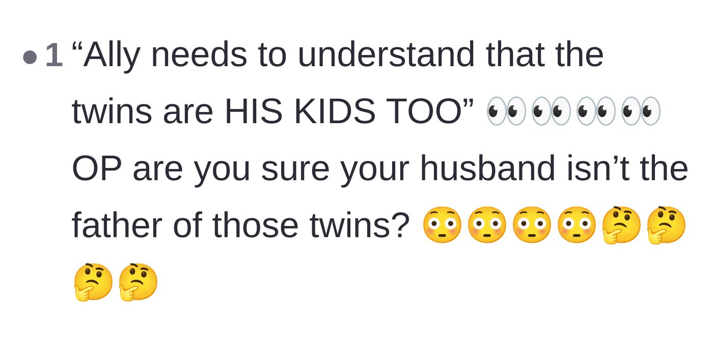 Comment thread 3 - A reader bluntly questions if the husband is secretly the biological father of the nine-year-old twins.