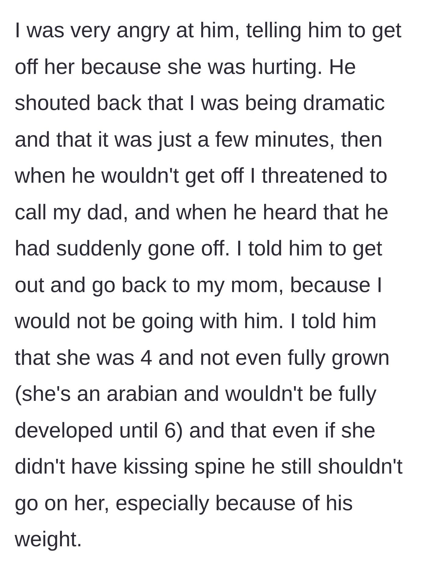Story part 4 - The confrontation where the teen demands the stepfather dismount, citing the horse's age, injury, and the rider's weight.