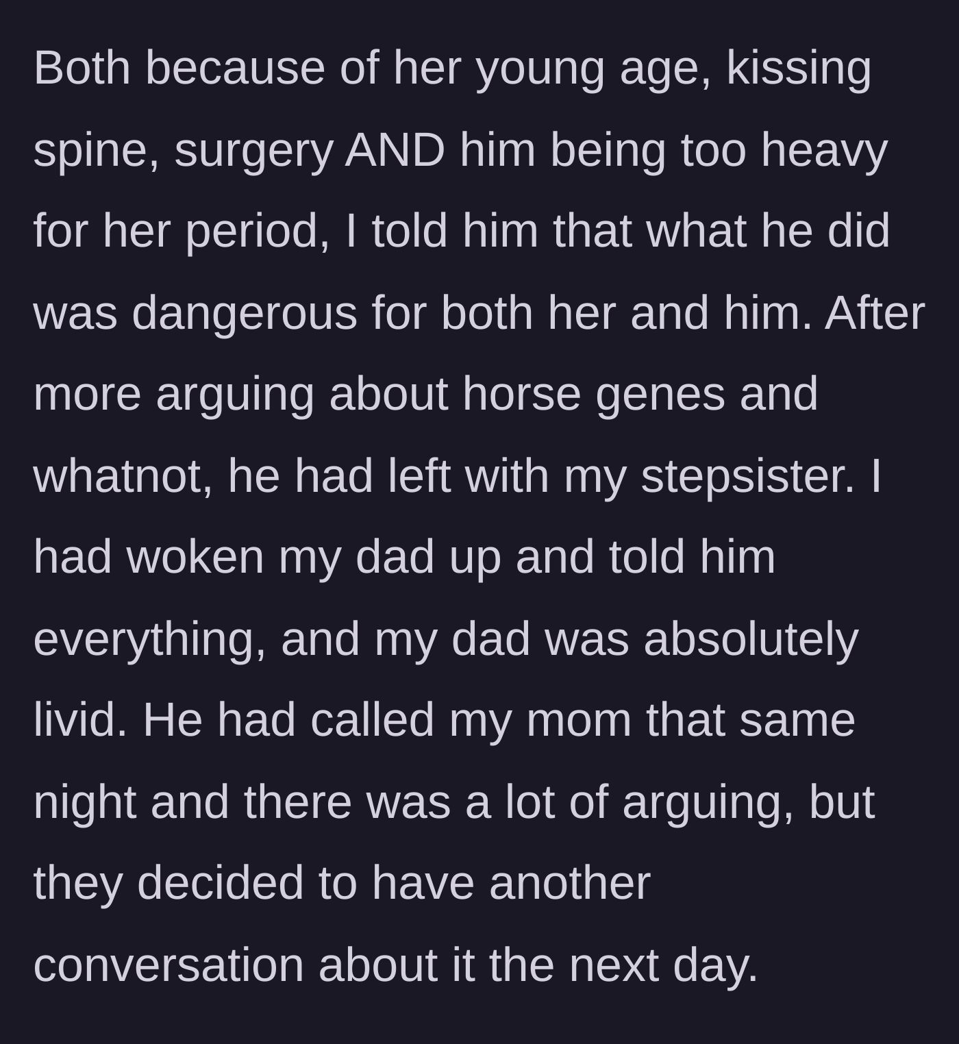 Story part 5 - The immediate fallout as the teen's father is awakened, leading to an explosive late-night phone call between the co-parents.