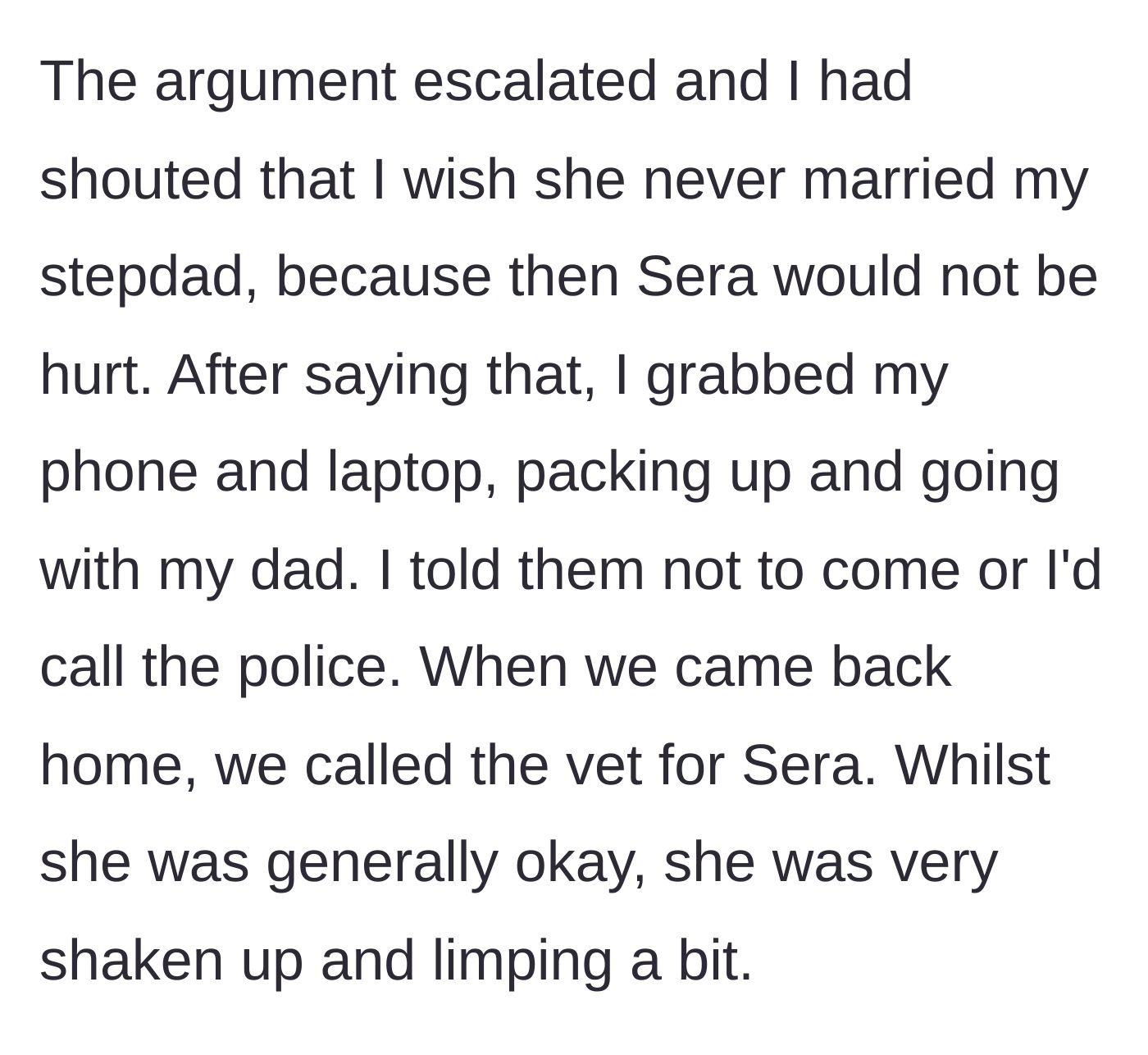 Story part 7 - The explosive climax where the teen denounces the marriage, flees back to his father's house, and calls the vet for the limping horse.