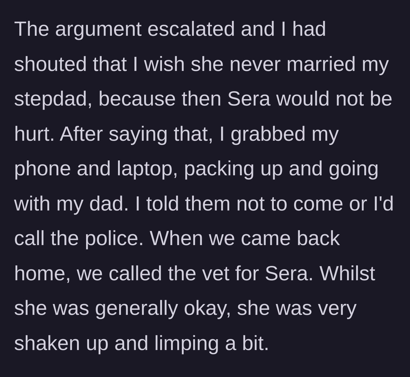 Story part 7 - The explosive climax where the teen denounces the marriage, flees back to his father's house, and calls the vet for the limping horse.