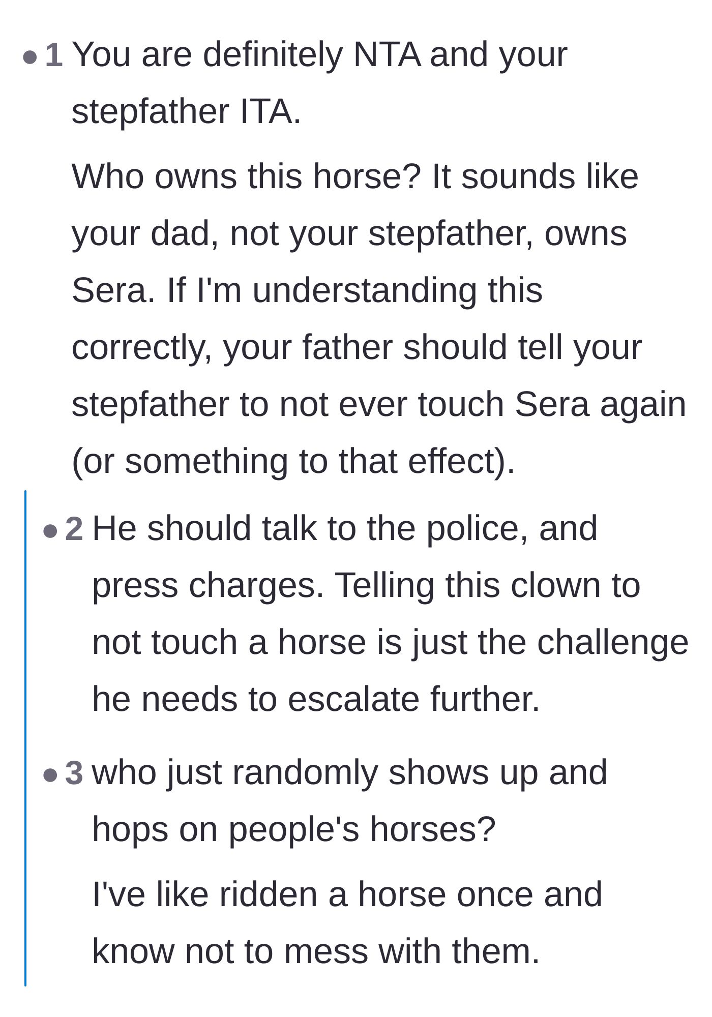 Comment thread 1 - Advice on billing the stepfather and the sheer danger of mounting an unfamiliar, injured horse.