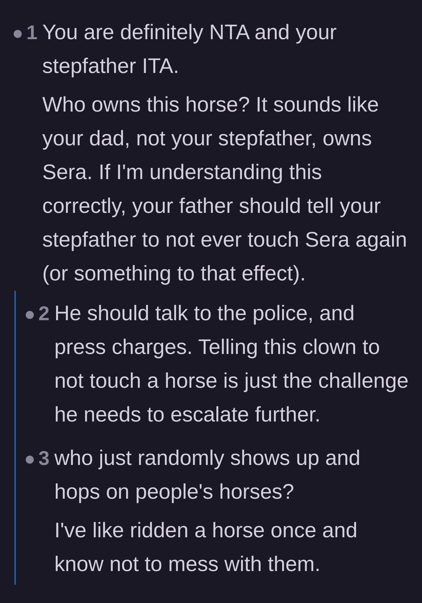 Comment thread 1 - Advice on billing the stepfather and the sheer danger of mounting an unfamiliar, injured horse.
