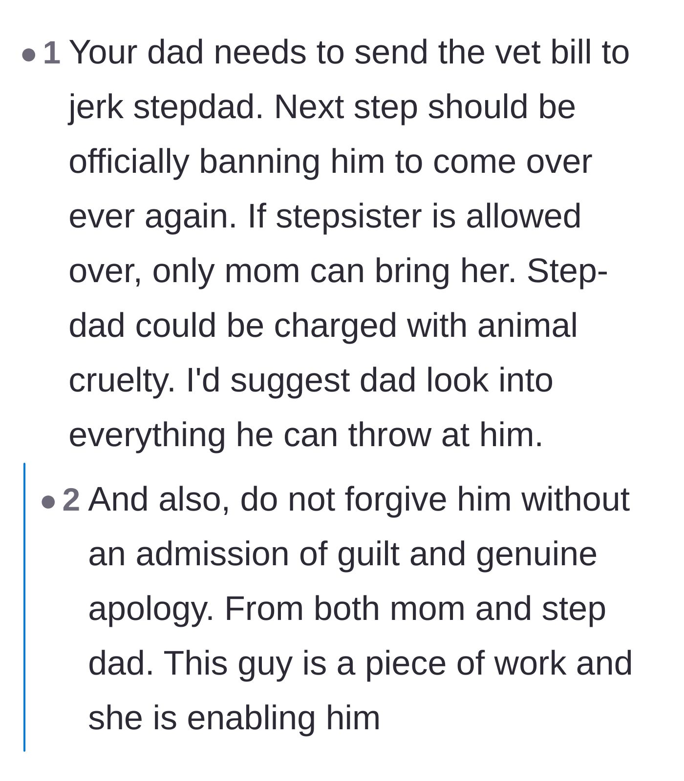 Comment thread 2 - Suggestions to send the official vet report and bill directly to the enablers to shut down their excuses.