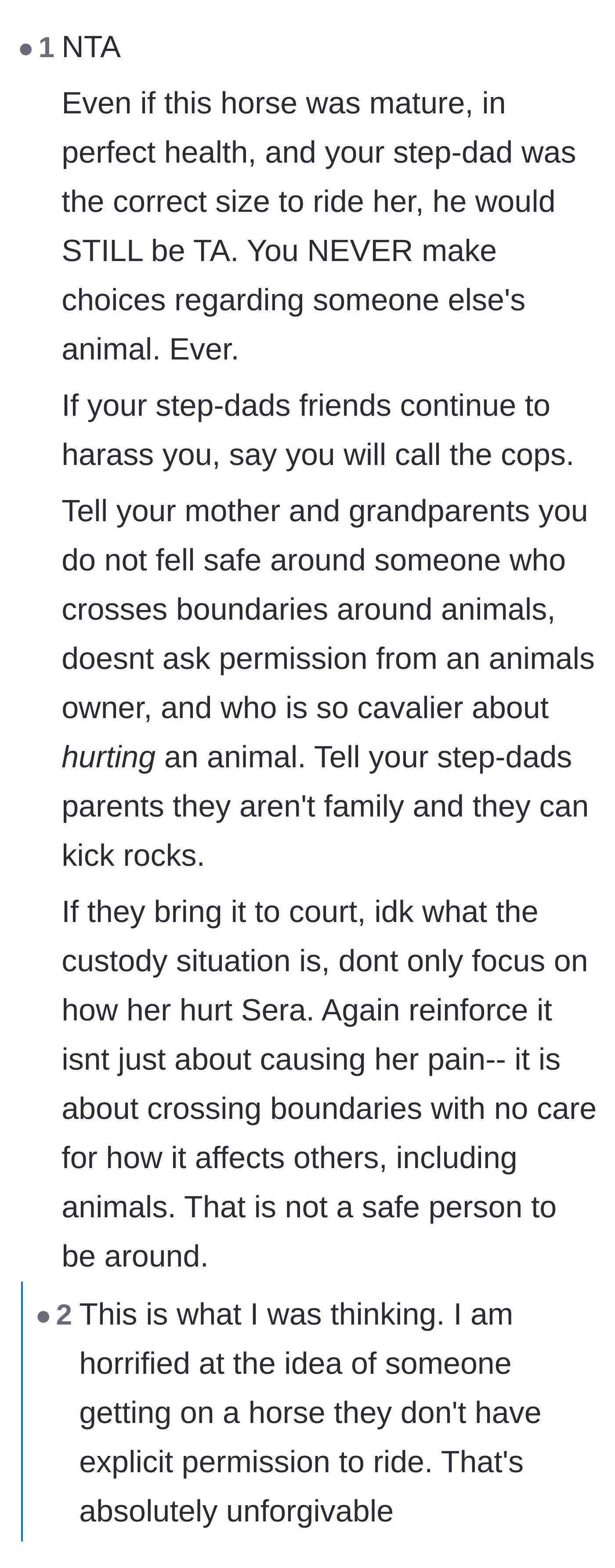 Comment thread 5 - A discussion on the universal boundary of never touching or riding someone else's animal without explicit permission.
