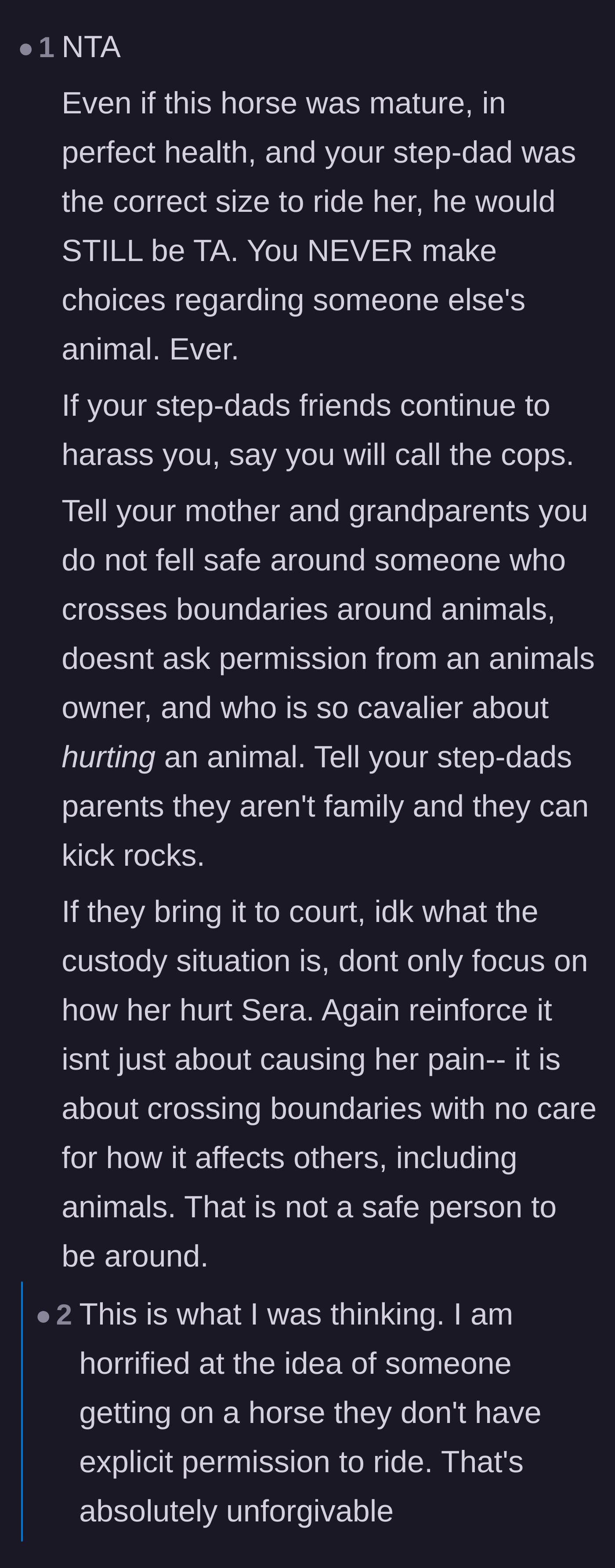 Comment thread 5 - A discussion on the universal boundary of never touching or riding someone else's animal without explicit permission.