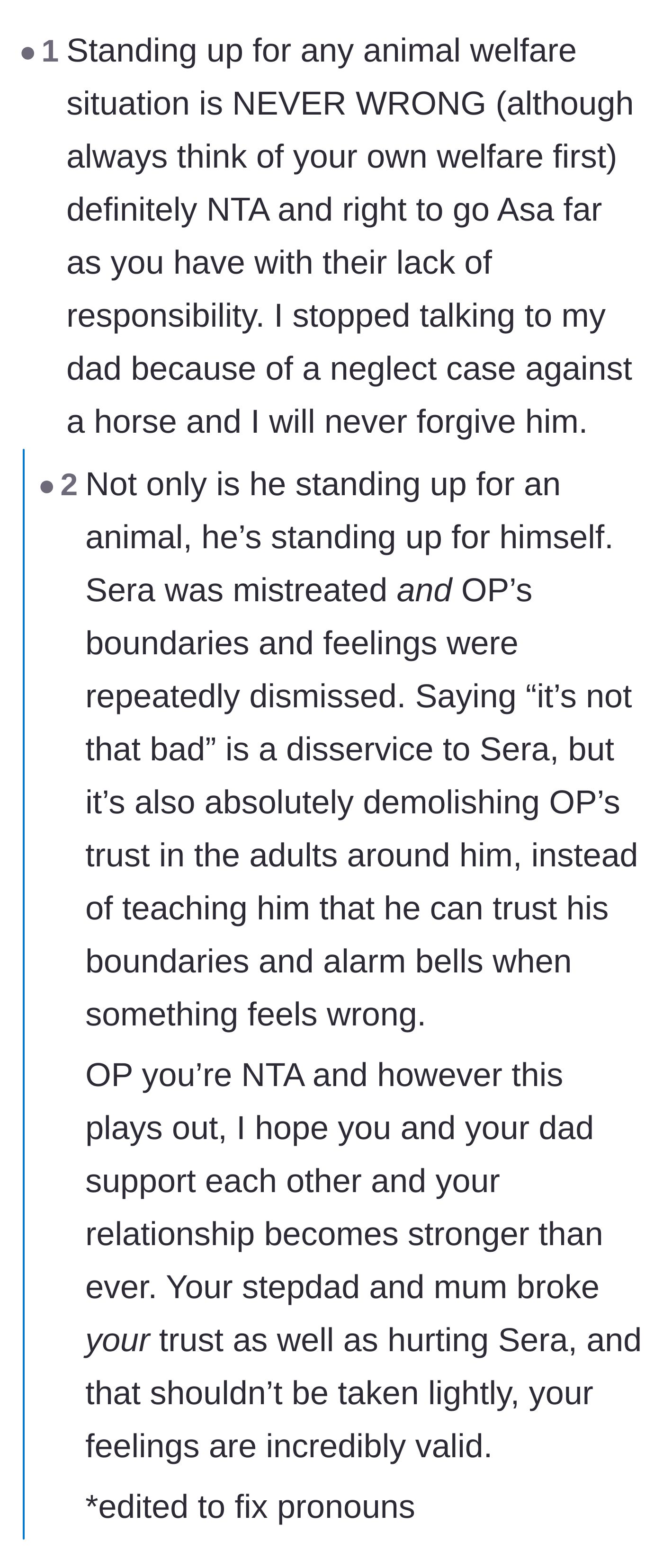 Comment thread 6 - Praise for the teen prioritizing the horse's welfare over adult egos and keeping the peace.