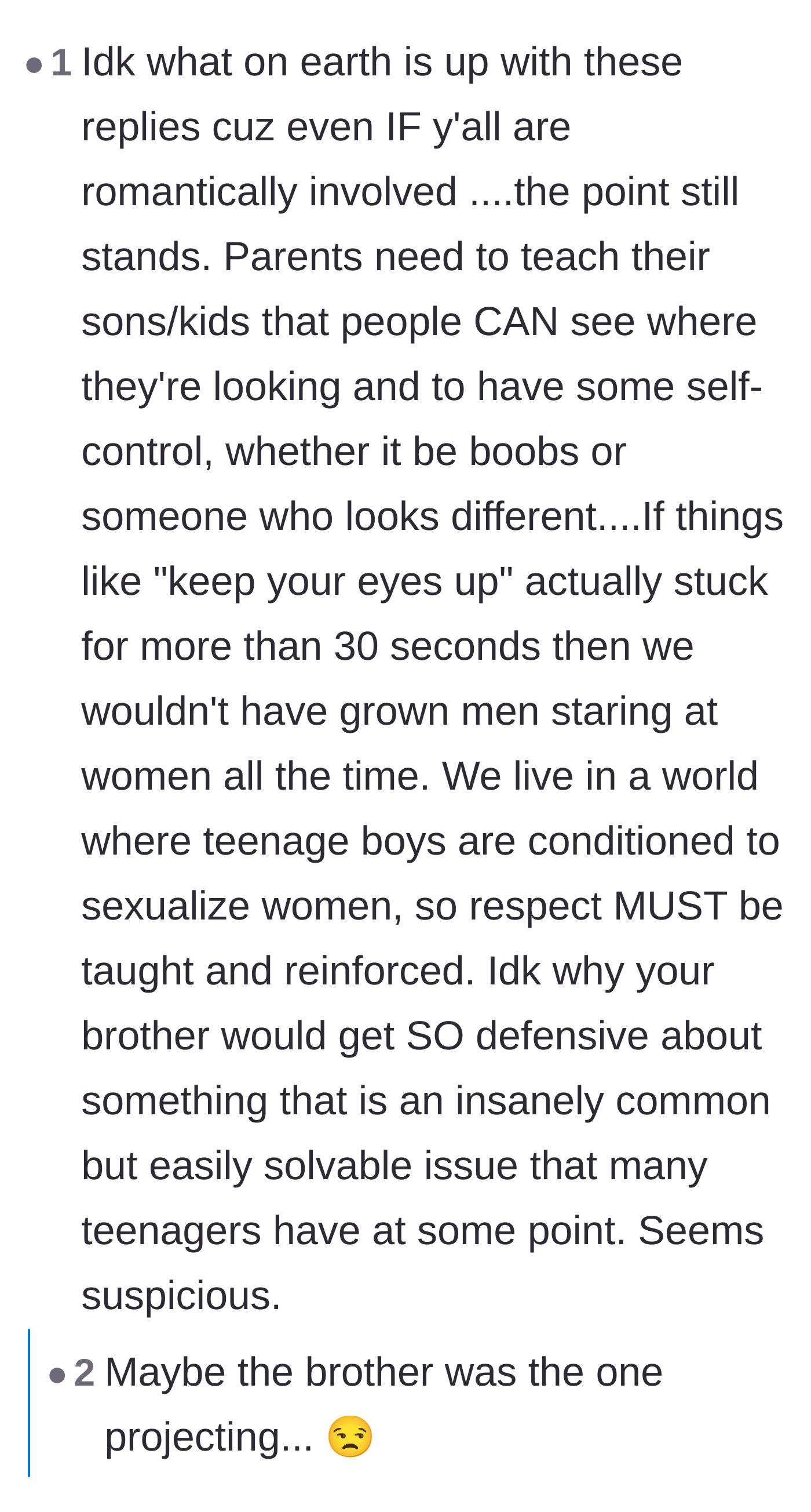 Comment thread 2 - A discussion on how parents are failing to teach their sons self-control and basic respect for women's bodies.