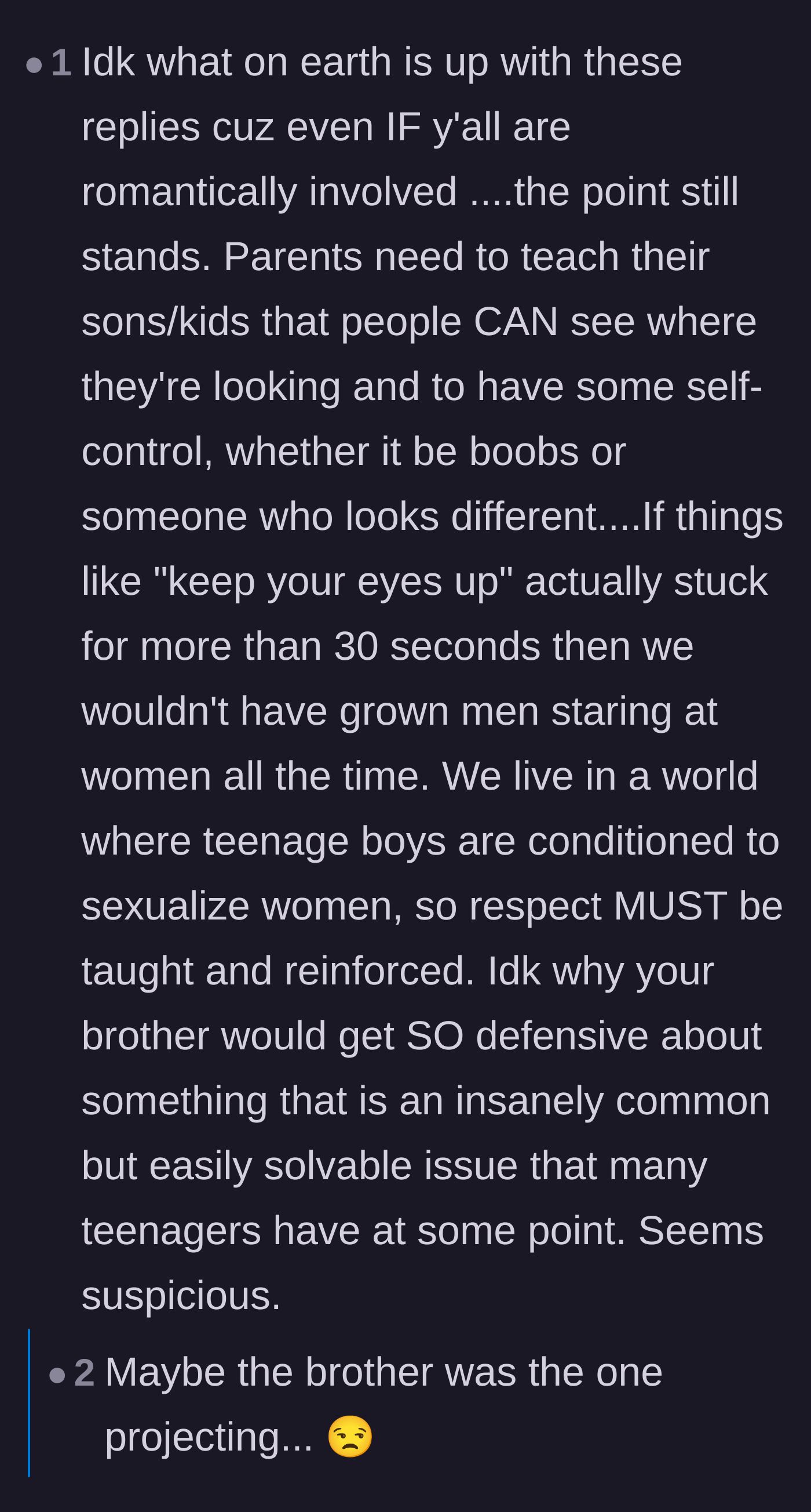 Comment thread 2 - A discussion on how parents are failing to teach their sons self-control and basic respect for women's bodies.